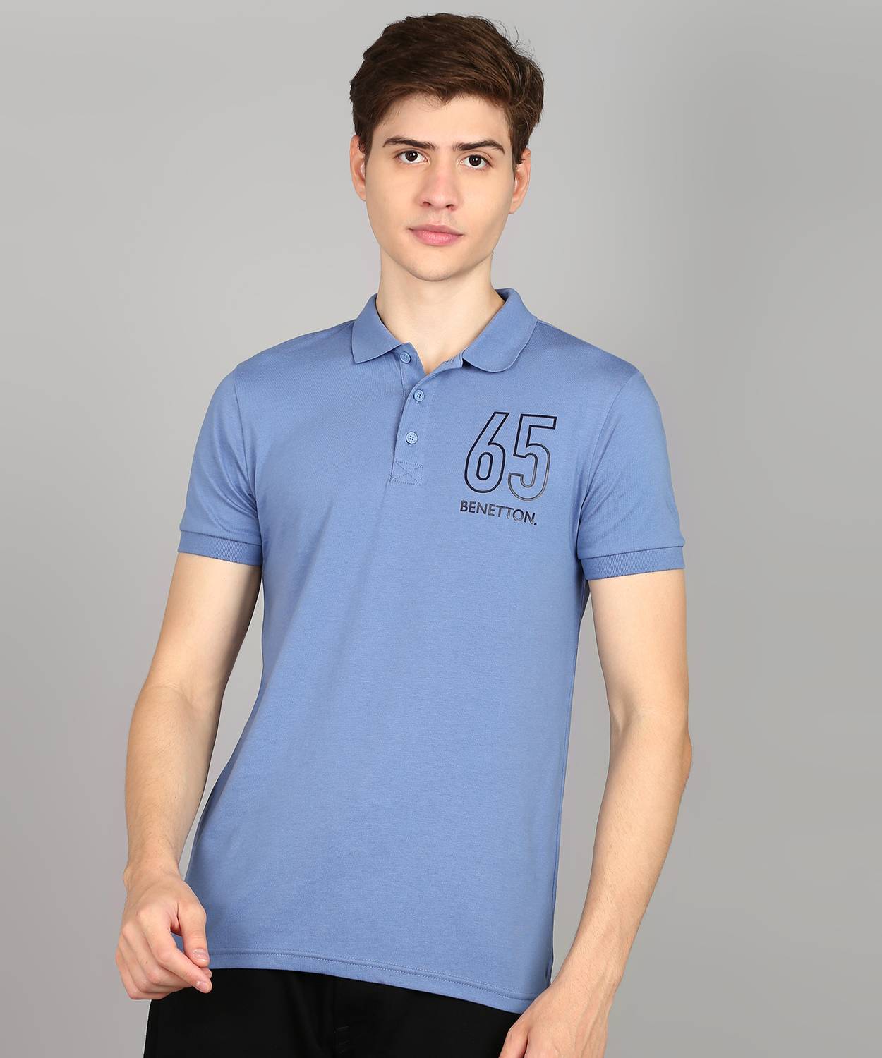 United Colors of Benetton Men Solid Polo Neck Cotton Blend Blue T