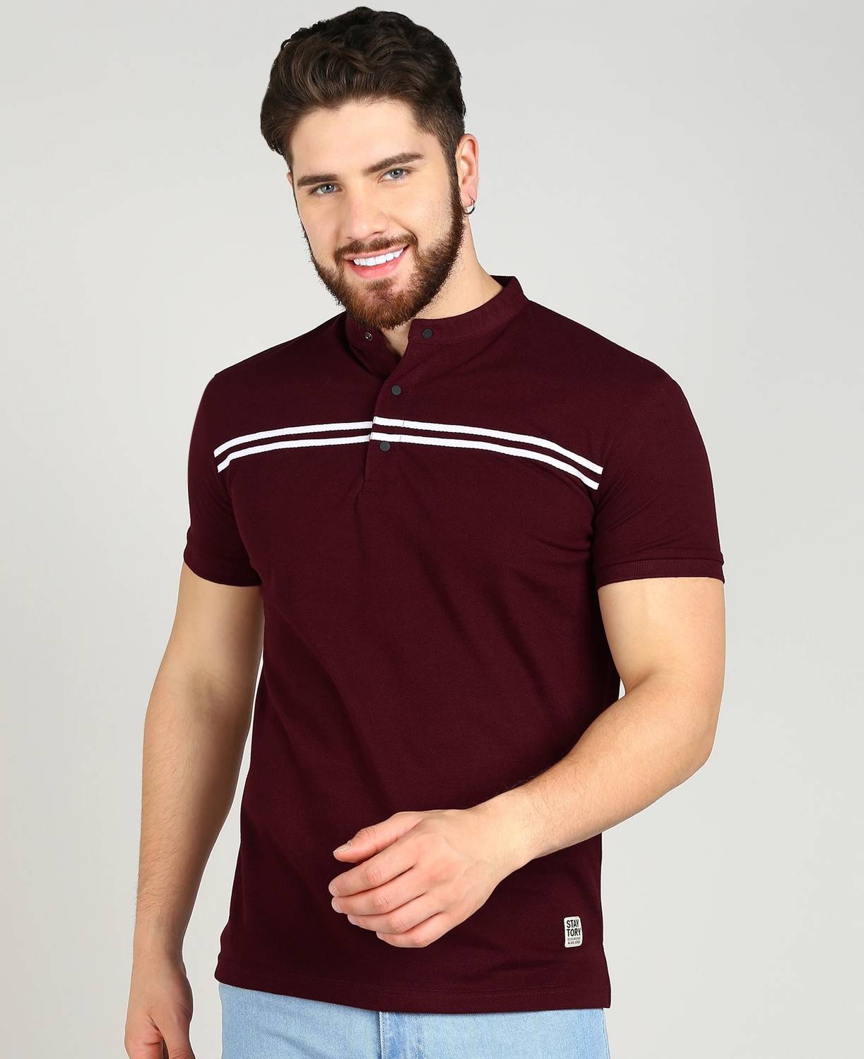 Alan Jones Men Striped Mandarin Collar Cotton Blend Maroon T-Shir