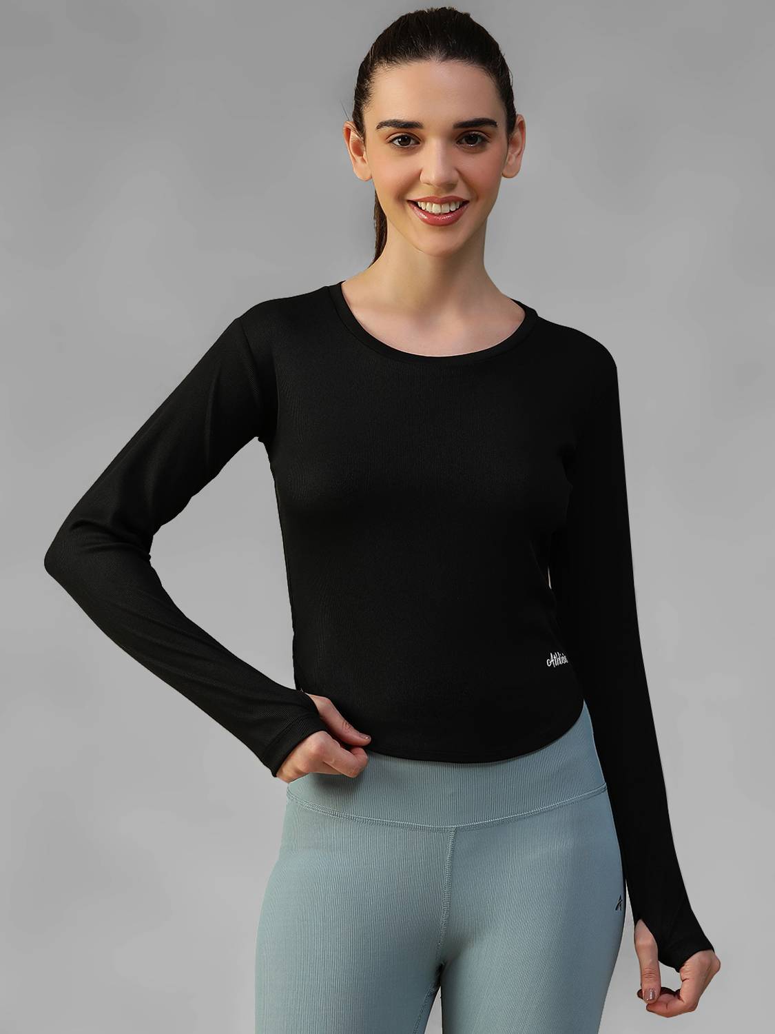 ATHLISIS Washed/Ombre Women Round Neck Black T-Shirt