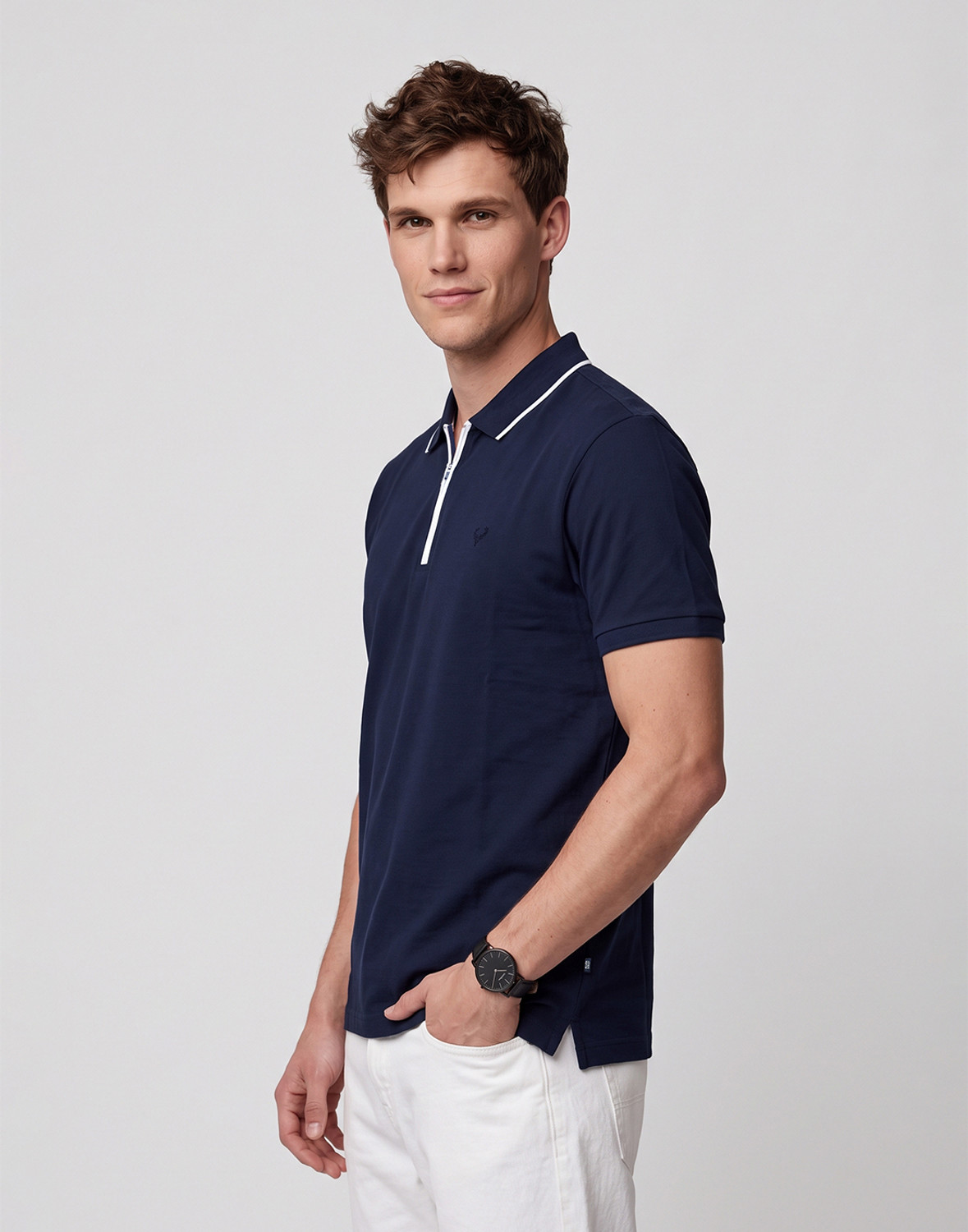 Image of Allen Solly Men Solid Polo Neck Cotton Blend Blue T-Shirt