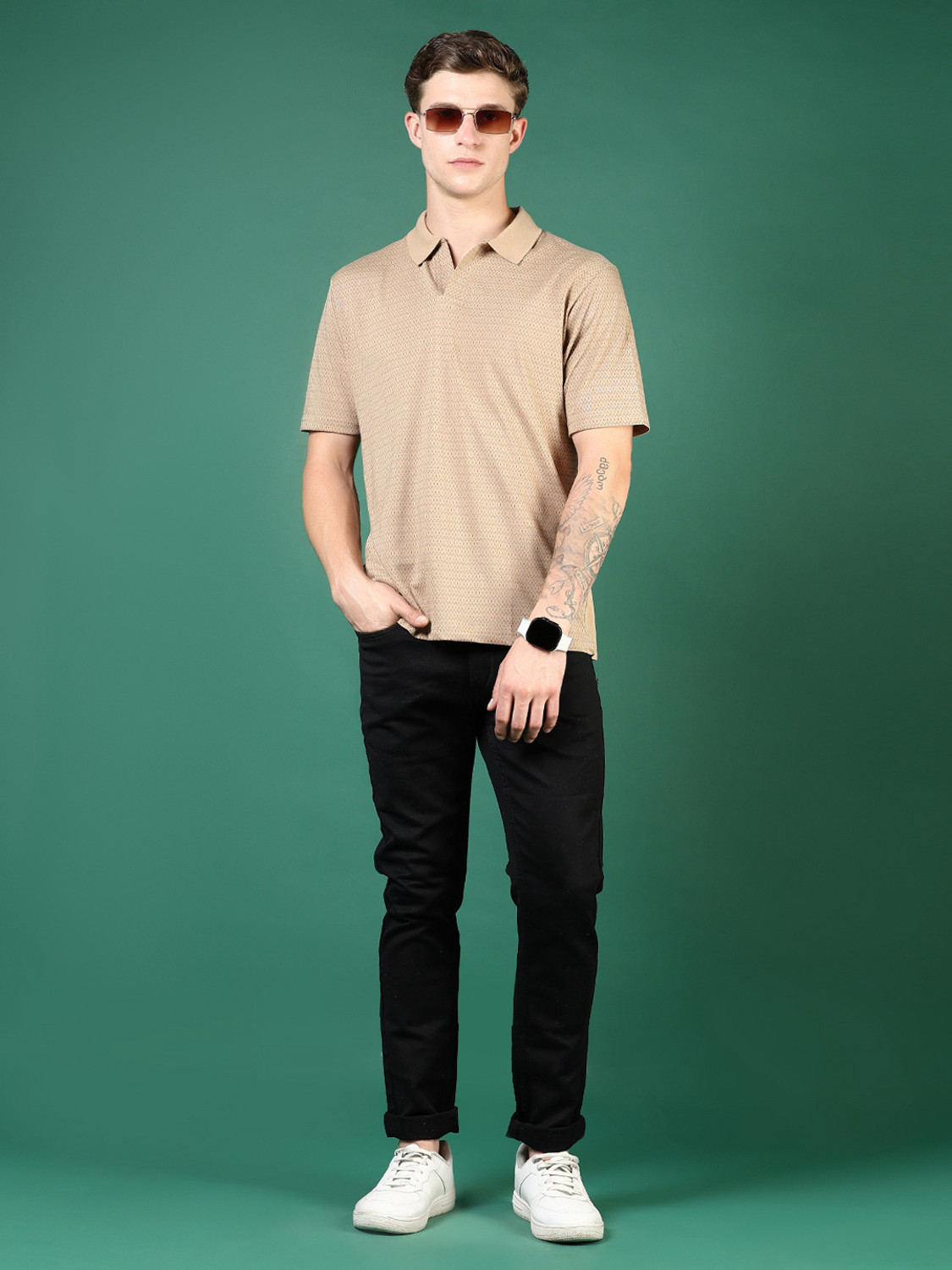 Image of V-MART Self Design Men Polo Neck Beige T-Shirt