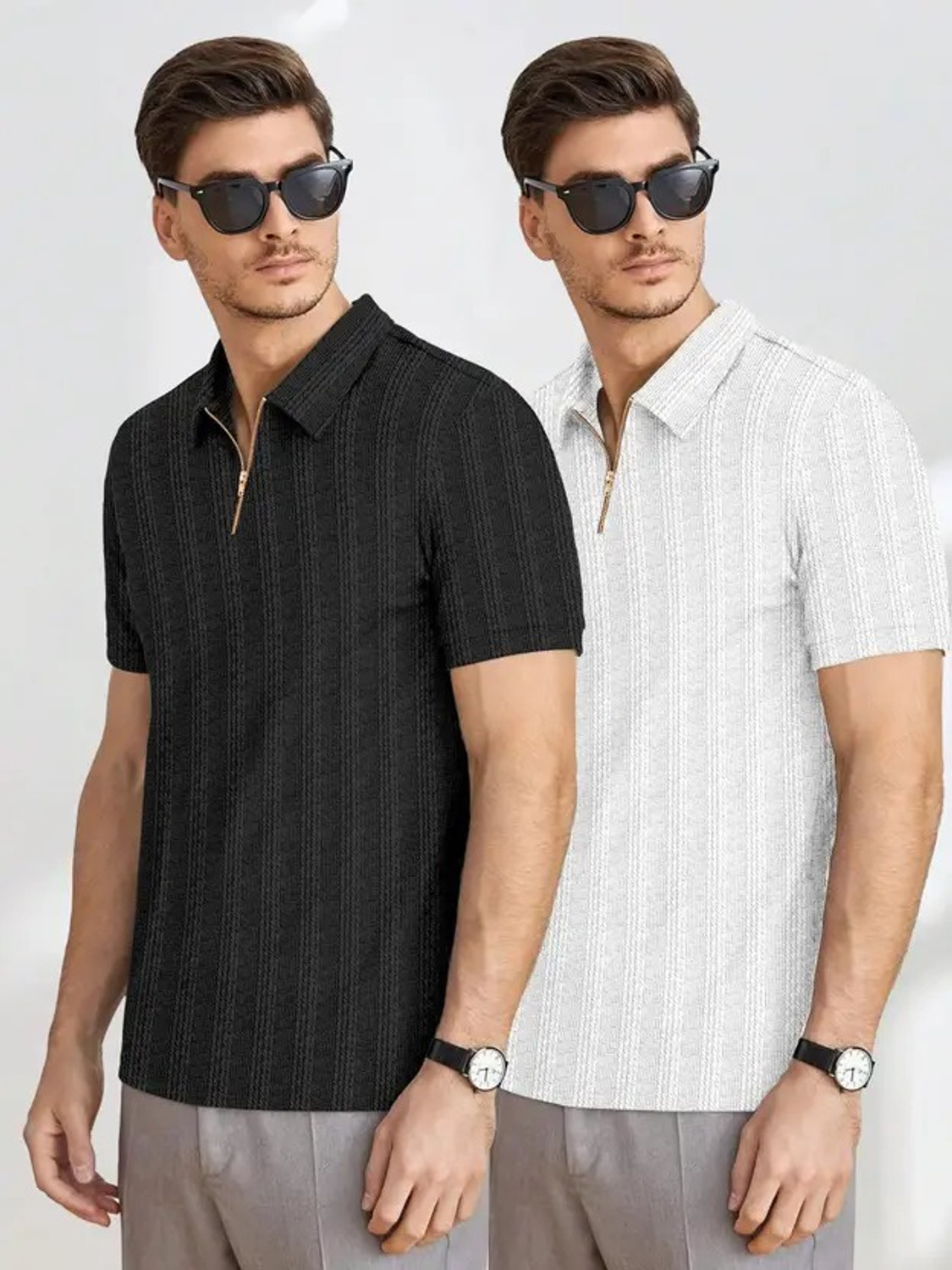 Image of KAJARU Self Design Men Zip Neck White, Black T-Shirt