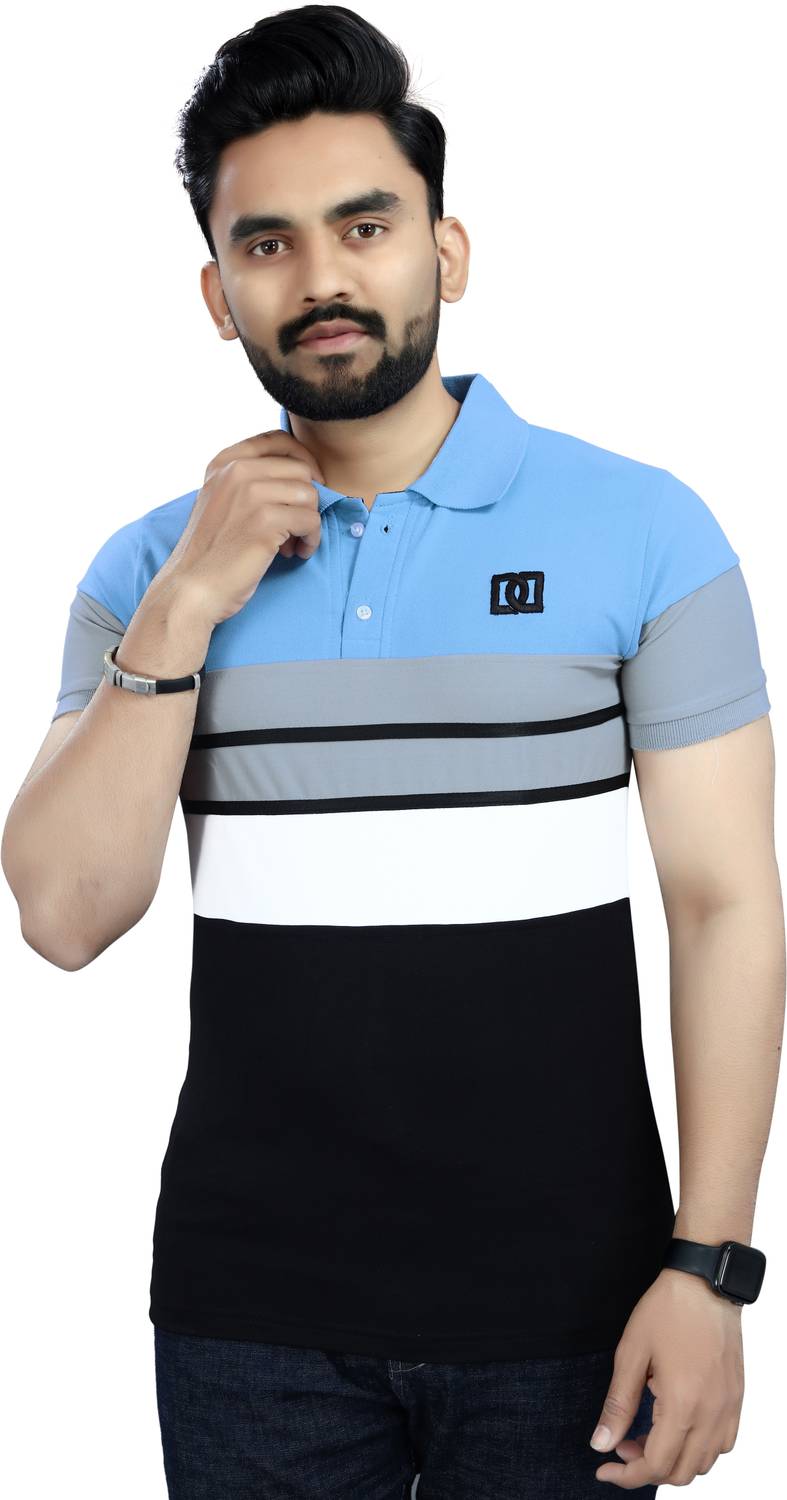 DyrectDeals Men Colorblock Polo Neck Polycotton Light Blue T-Shir