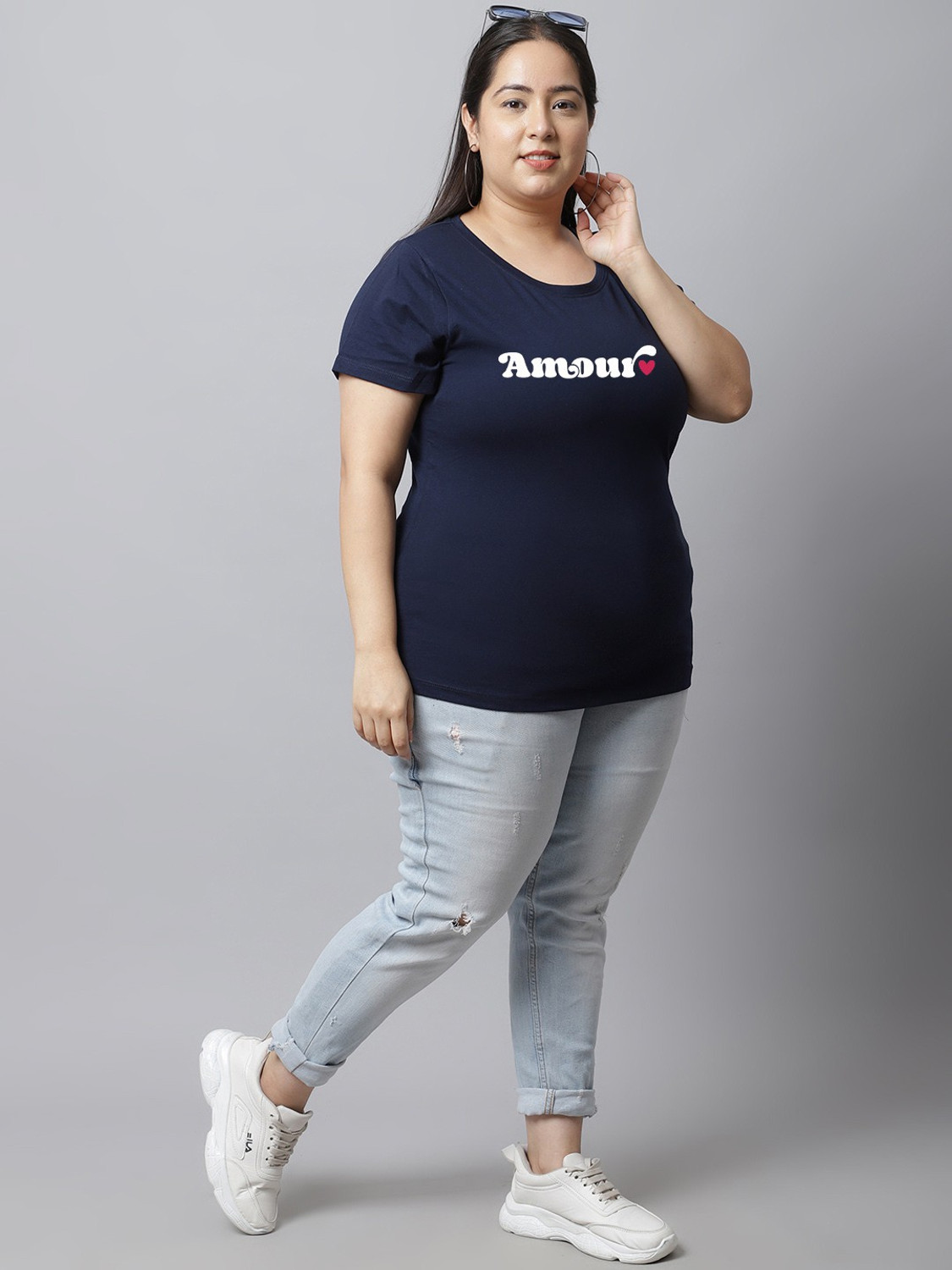 Image of UnaOne Typography Women Round Neck Navy Blue T-Shirt