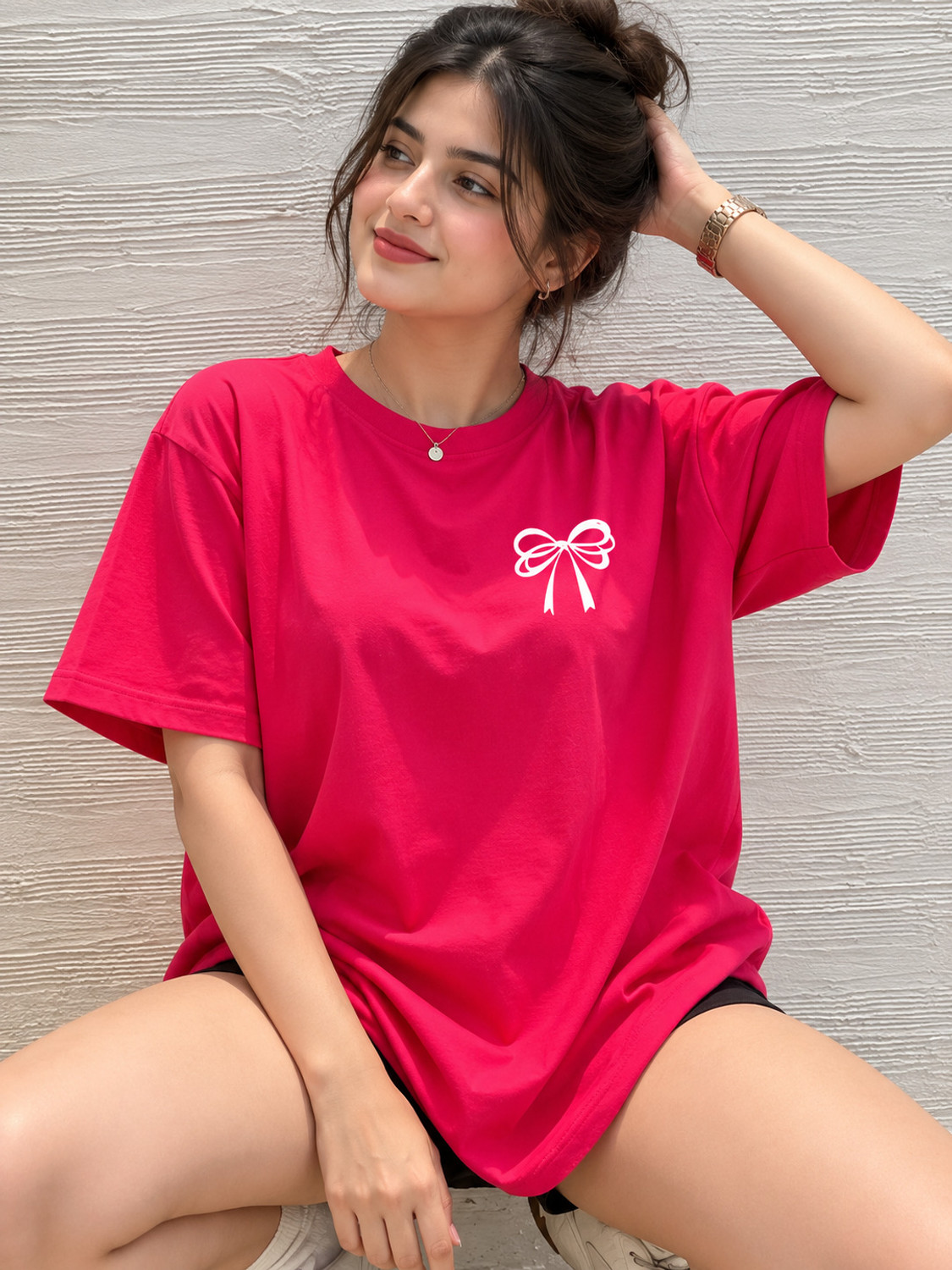 Image of TRU NORTH Women Graphic Print Round Neck Cotton Blend Pink T-Shirt