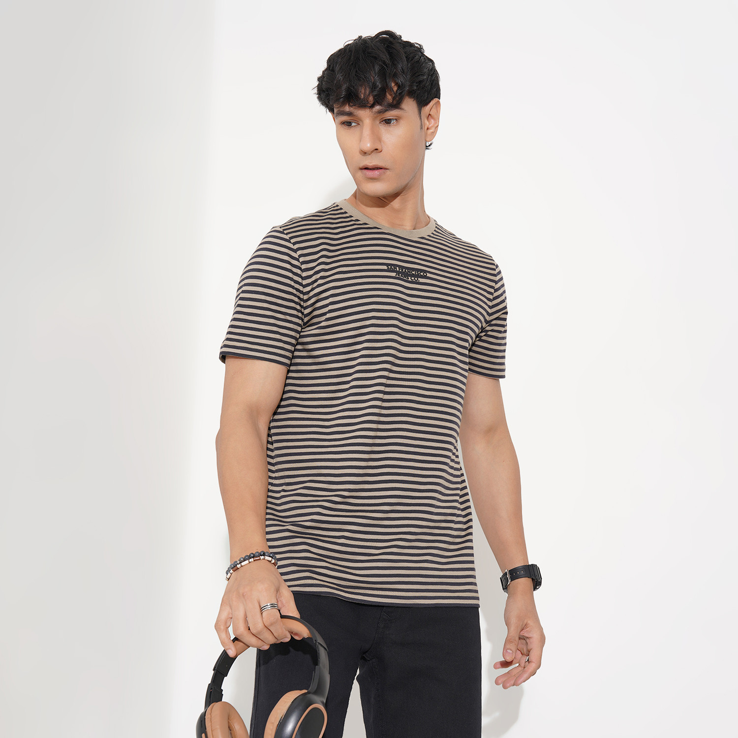 Image of SF Jeans by Pantaloons Striped Men Round Neck Multicolor T-Shirt