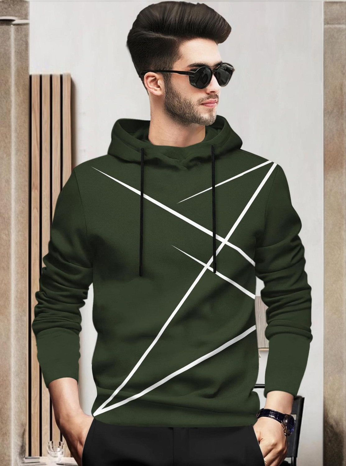 Image of BLIVE Printed Men Hooded Neck Dark Green T-Shirt