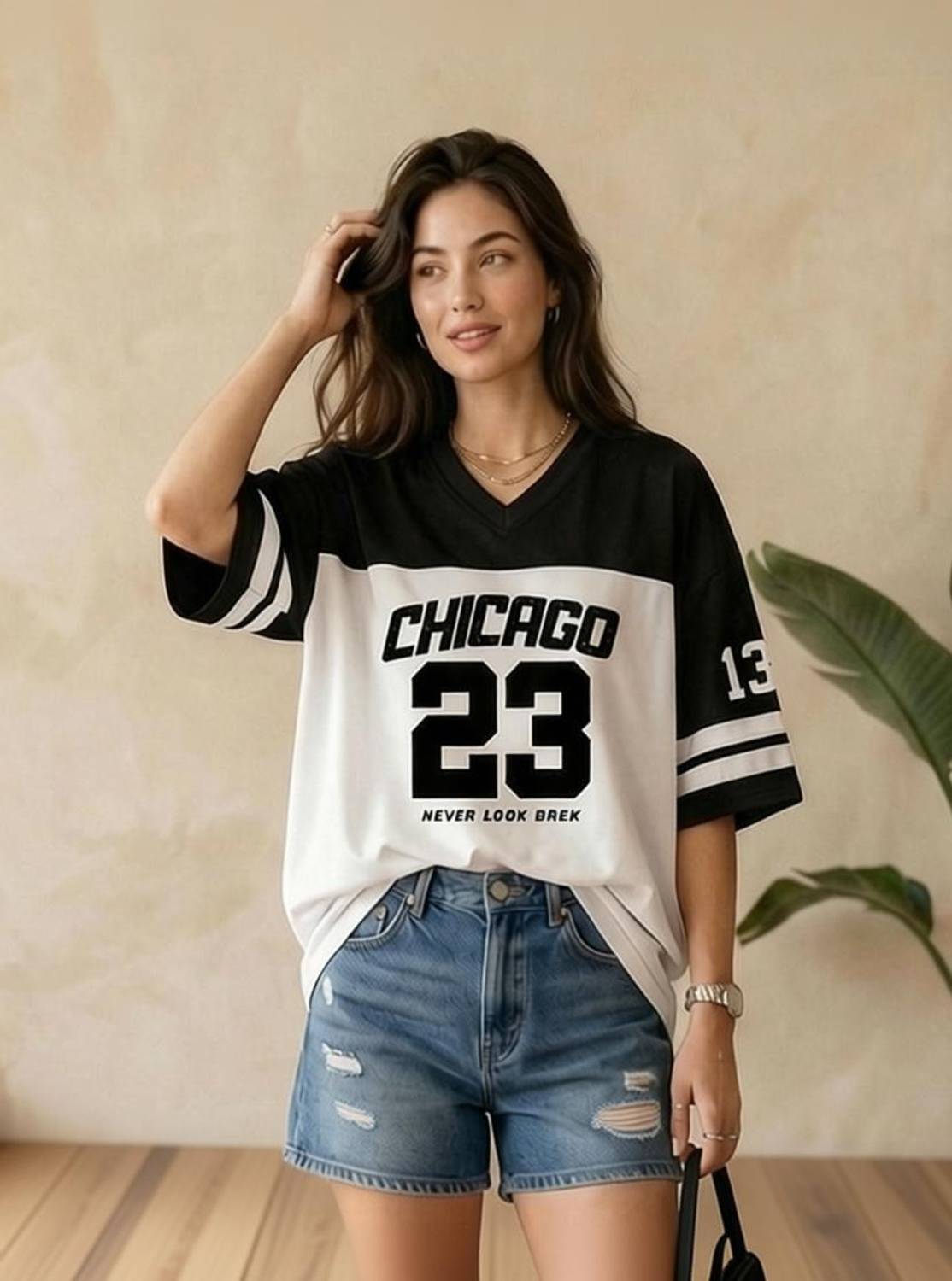 Thread Monk Colorblock Women V Neck Black, White T-Shirt