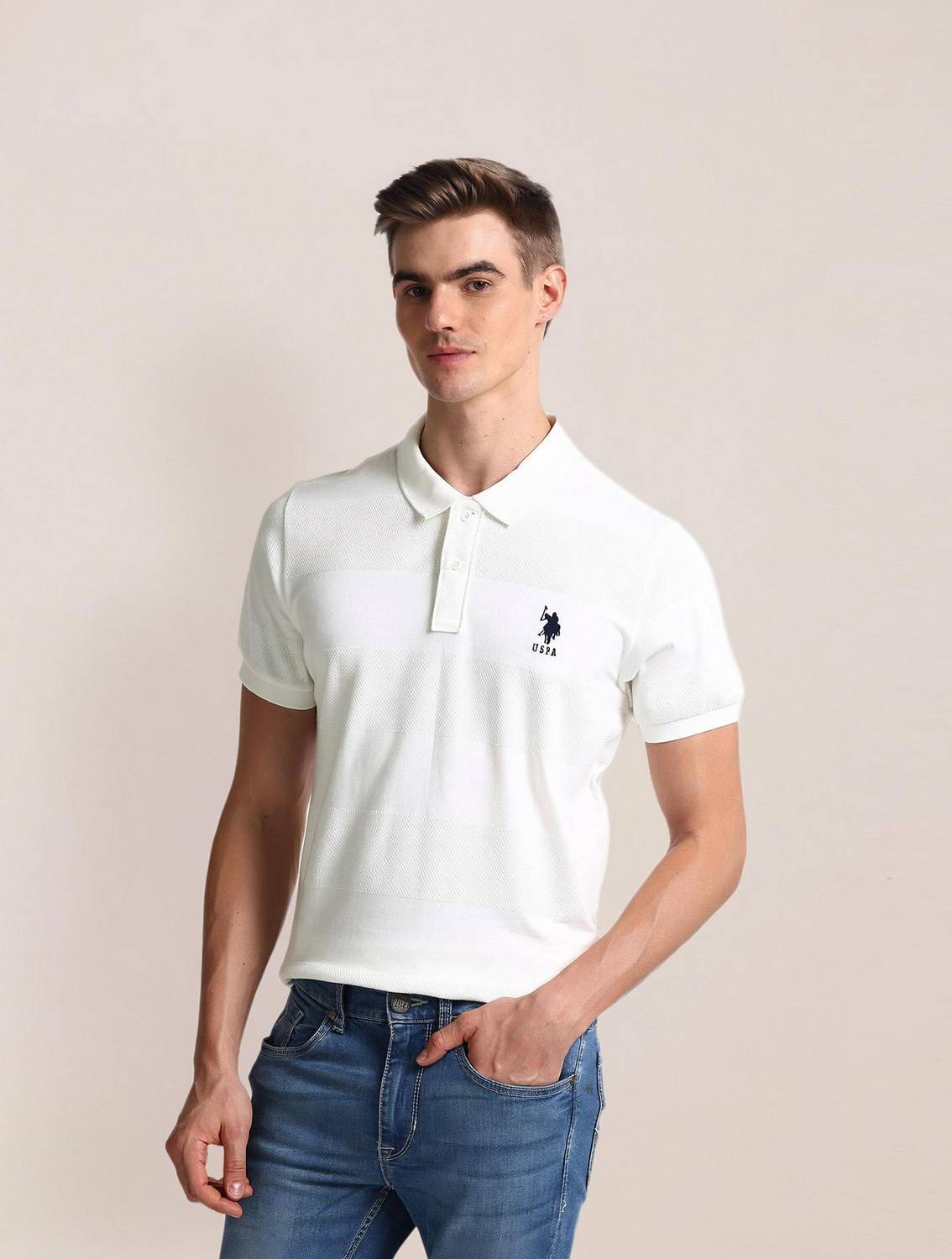 U.S. POLO ASSN. Men White Polo Neck T-Shirt - Image 1