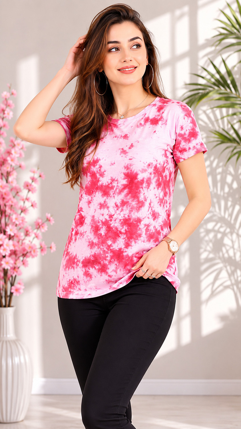 Image of Zicada Tie & Dye Women Round Neck Pink T-Shirt
