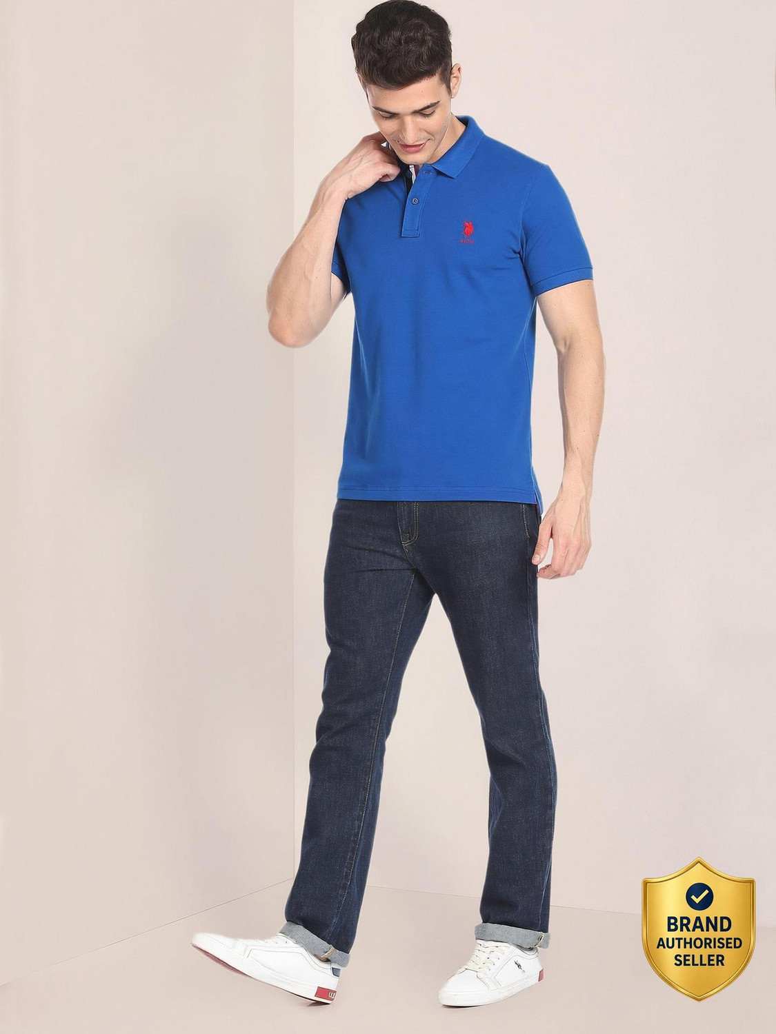 Image of U.S. POLO ASSN. Solid Men Polo Neck Blue T-Shirt