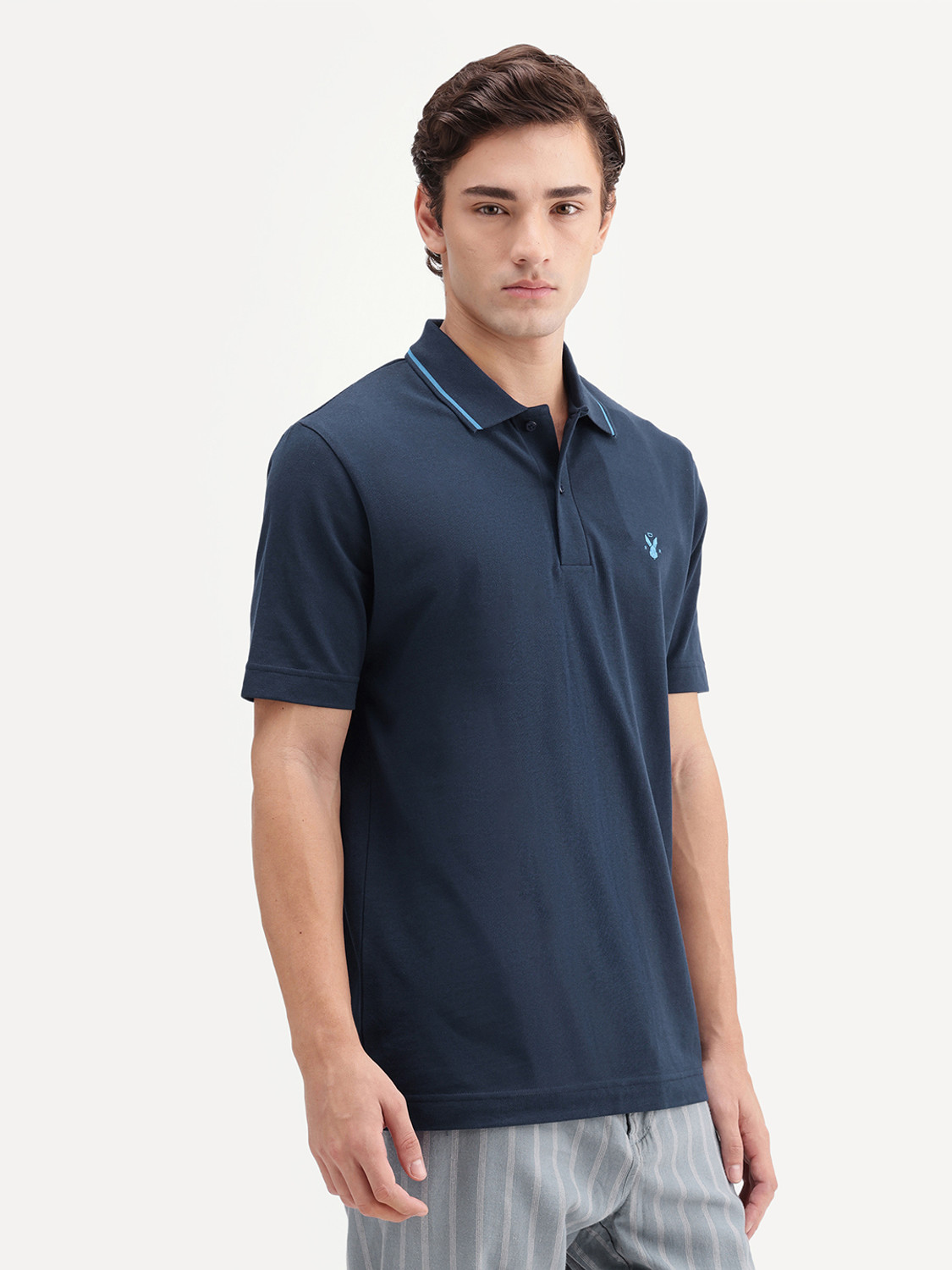 Image of RARE RABBIT Solid Men Polo Neck Navy Blue T-Shirt