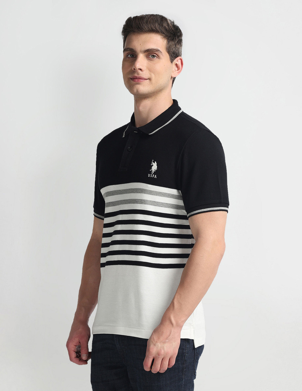 Image of U.S. POLO ASSN. Striped Men Polo Neck Black T-Shirt