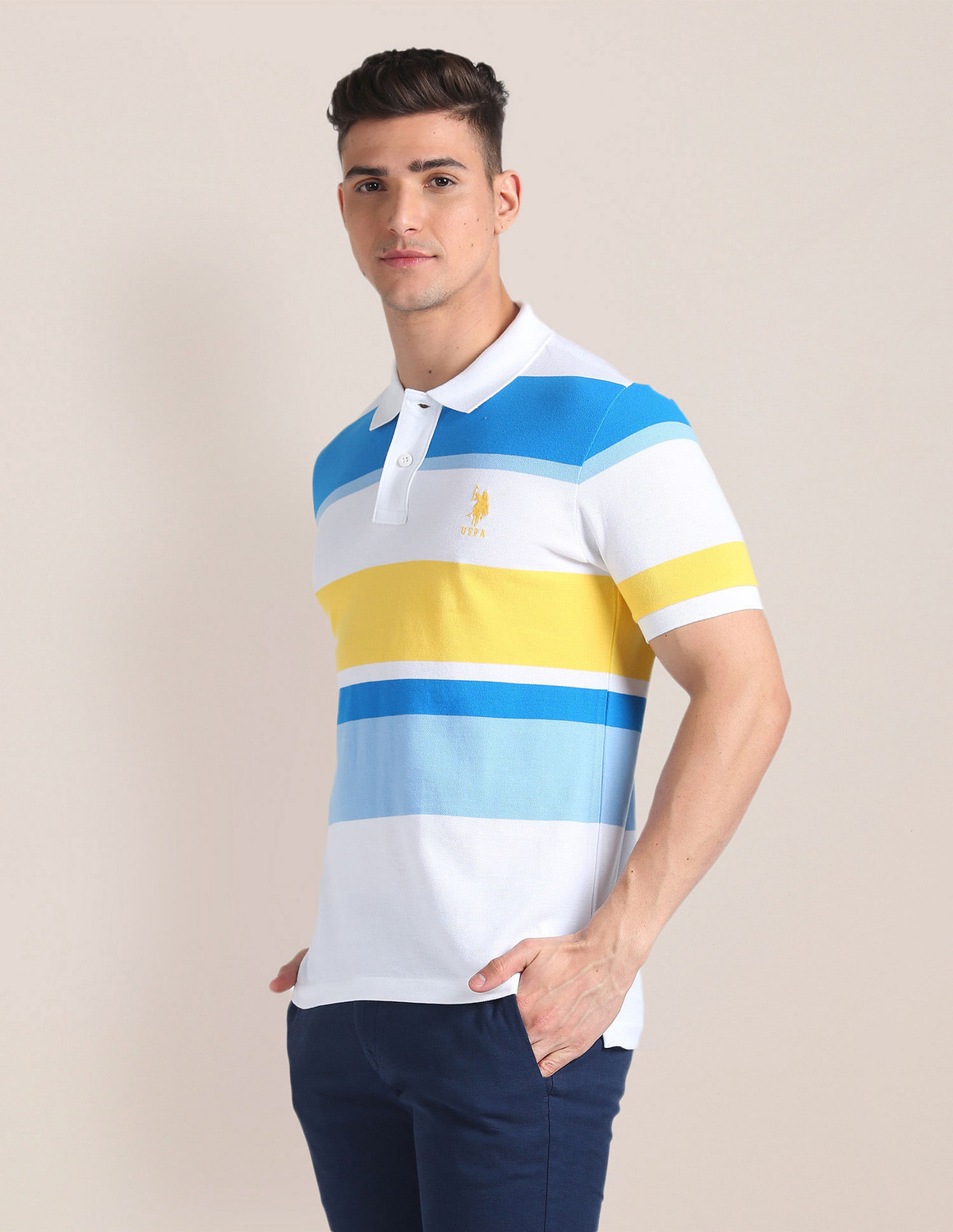 Image of U.S. POLO ASSN. Striped Men Polo Neck Multicolor T-Shirt