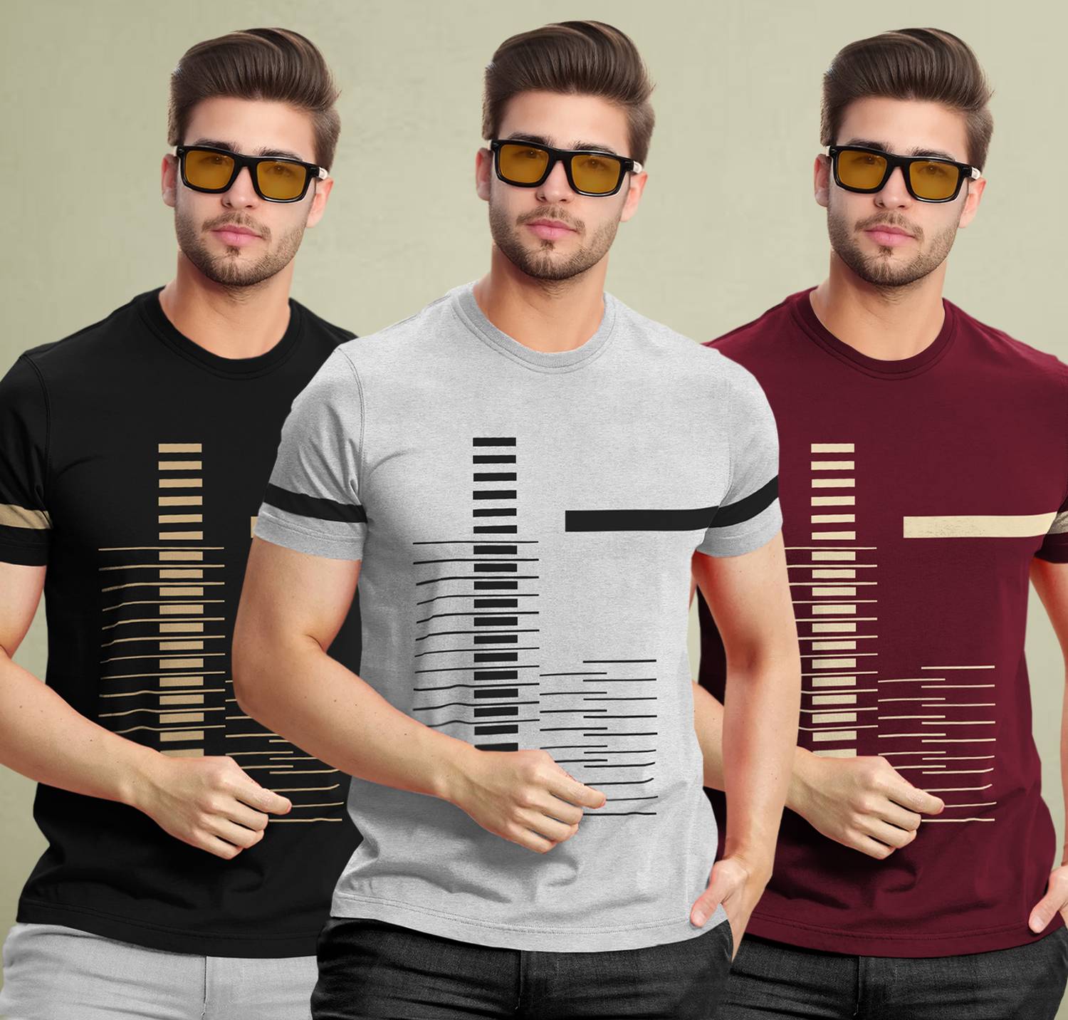 TRIPR Pack of 3 Men Printed Round Neck Cotton Blend Black, Grey,