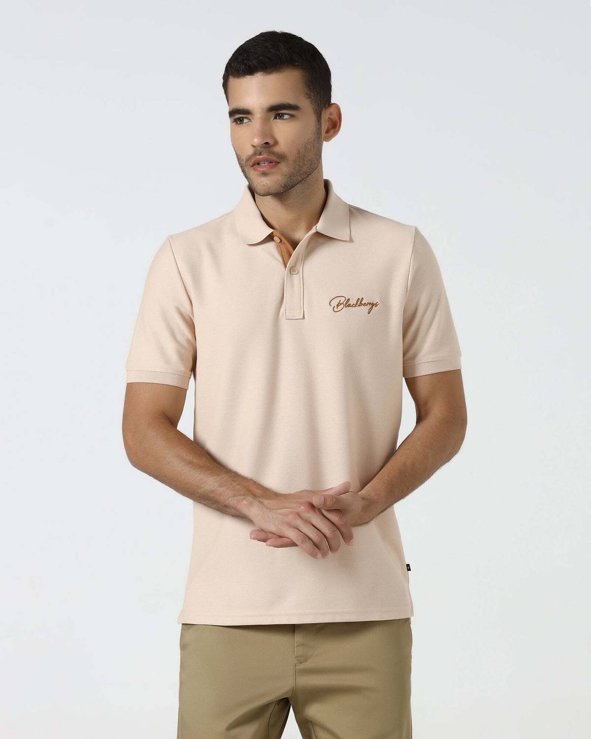 Blackberrys Solid Men Polo Neck Beige T-Shirt