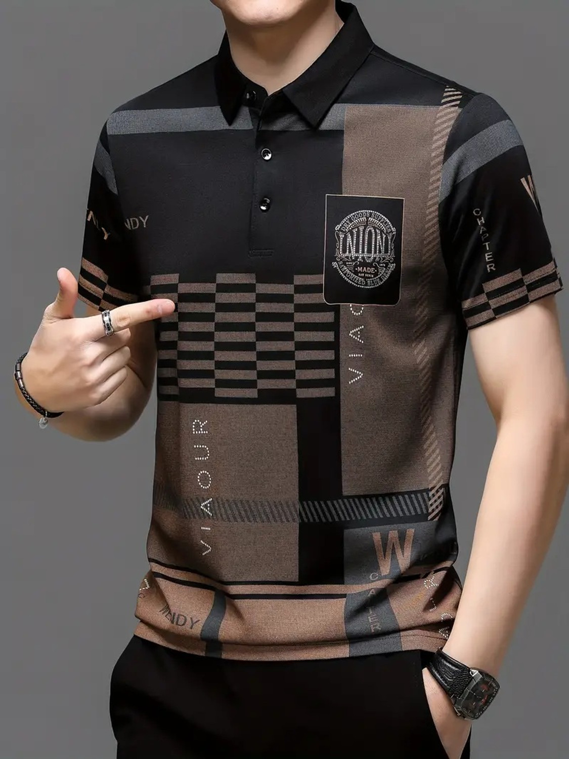 Image of NAUGHTY MEN Printed Men Polo Neck Black, Beige T-Shirt