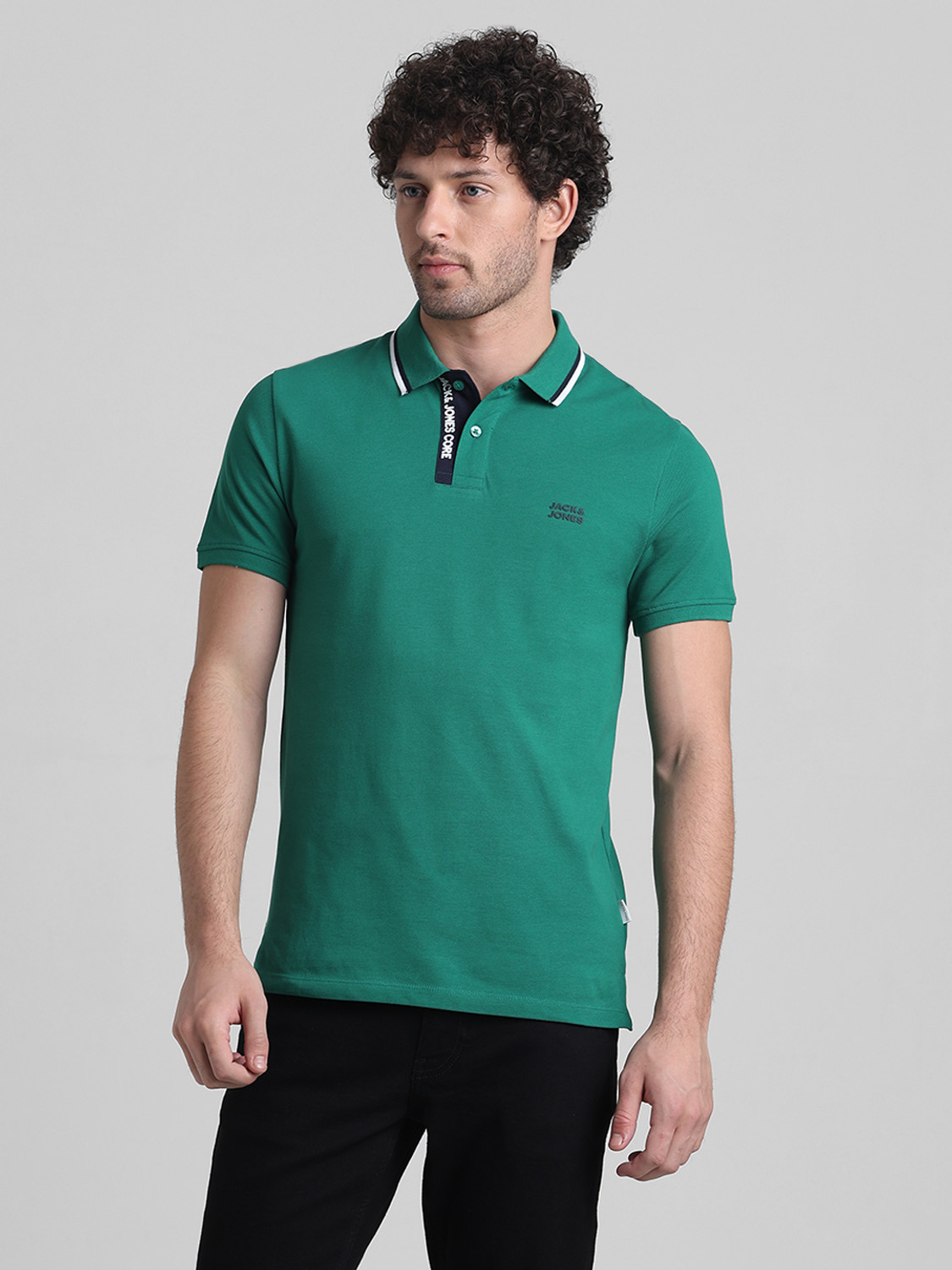 Image of JACK & JONES Solid Men Polo Neck Green T-Shirt
