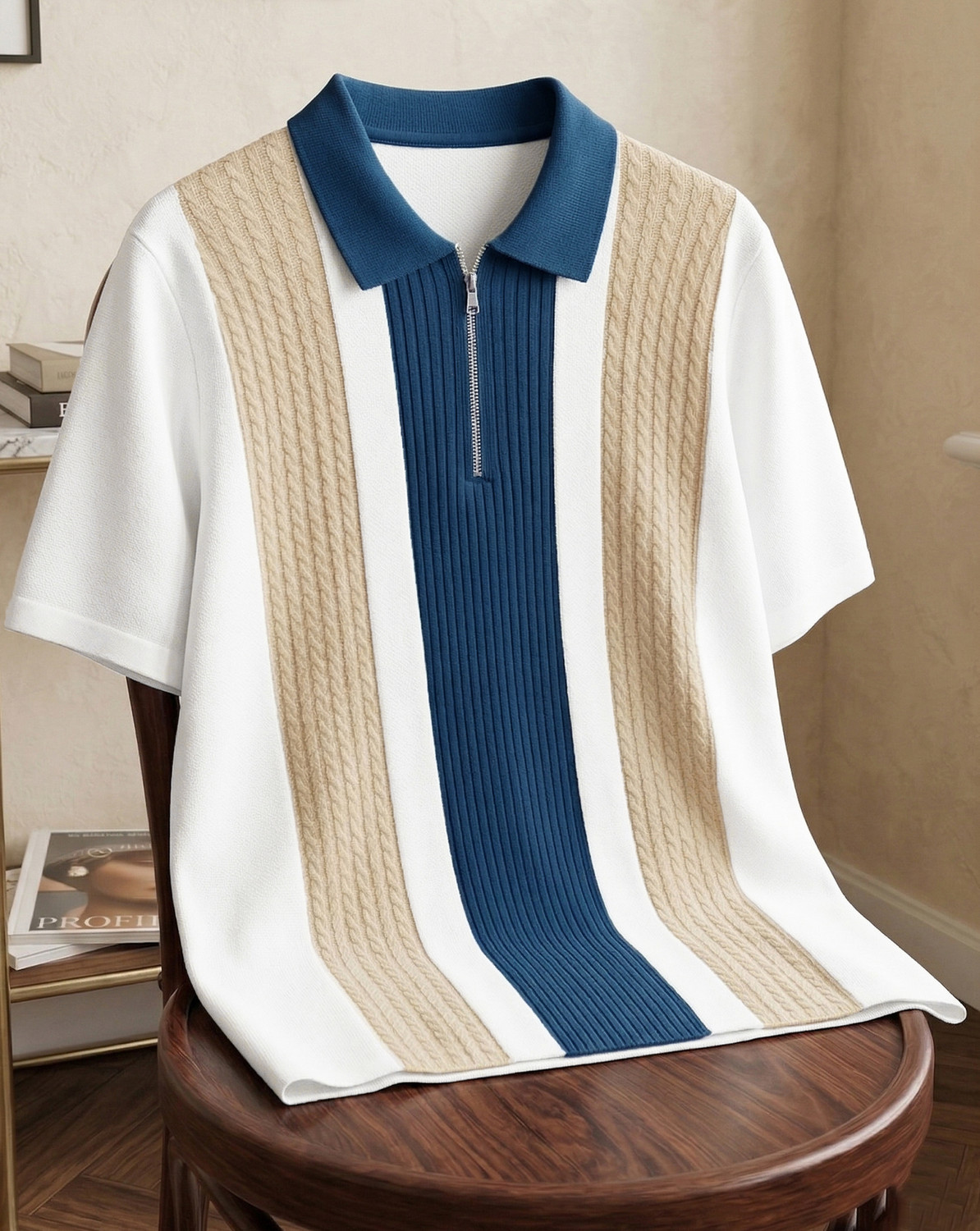 Image of ENITOR Striped Men Zip Neck Multicolor T-Shirt