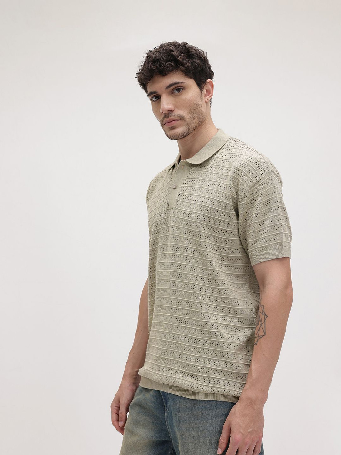 Image of Roadster Self Design Men Polo Neck Green T-Shirt
