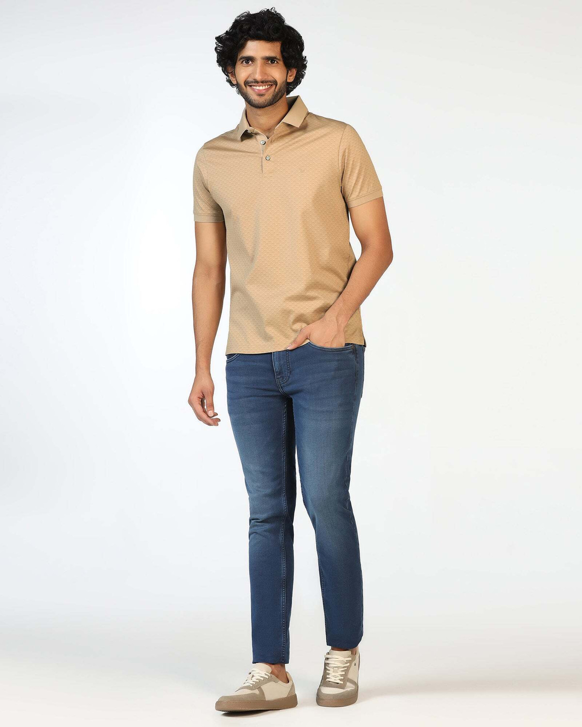 Image of Blackberrys Self Design Men Polo Neck Beige T-Shirt