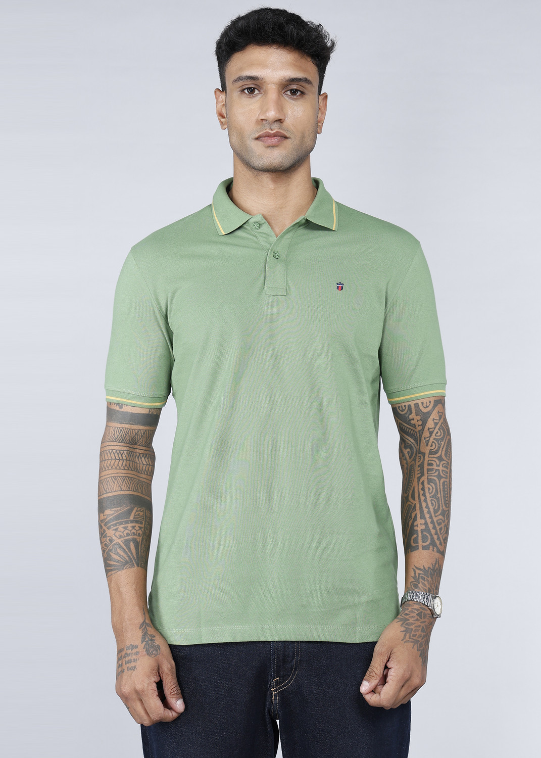Image of Louis Philippe Jeans Men Solid Polo Neck Pure Cotton Green T-Shirt