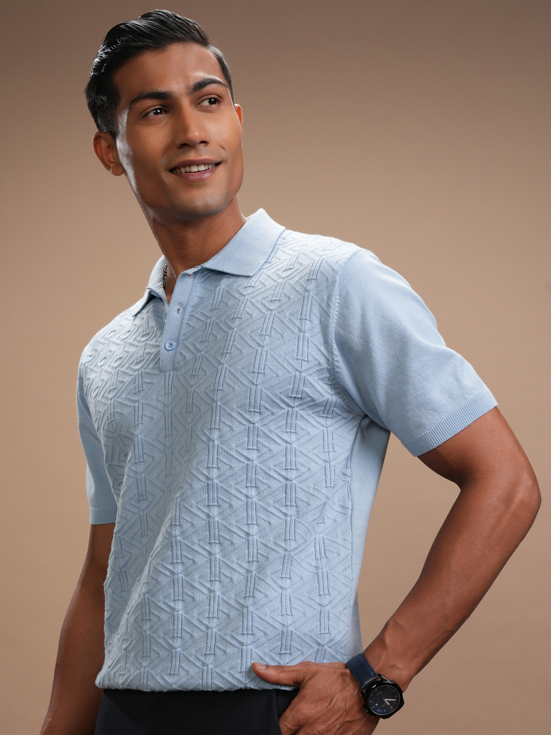 Image of HIGHLANDER Self Design Men Polo Neck Blue T-Shirt