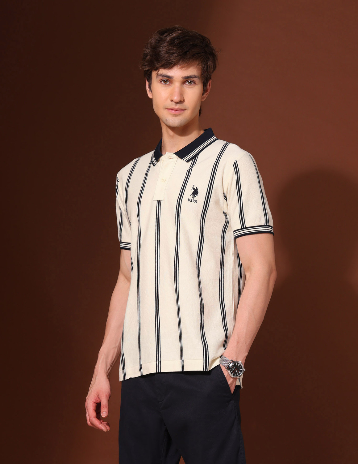 Image of U.S. POLO ASSN. Striped Men Polo Neck White T-Shirt