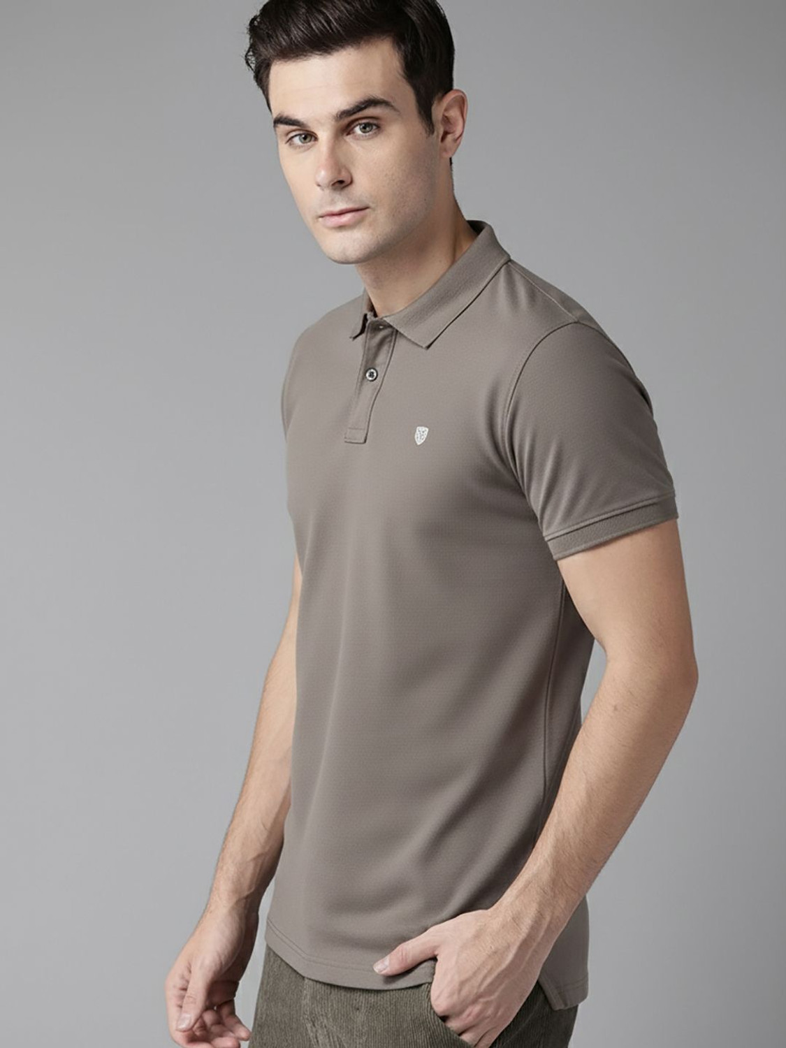 Image of SZN Self Design Men Polo Neck Grey T-Shirt