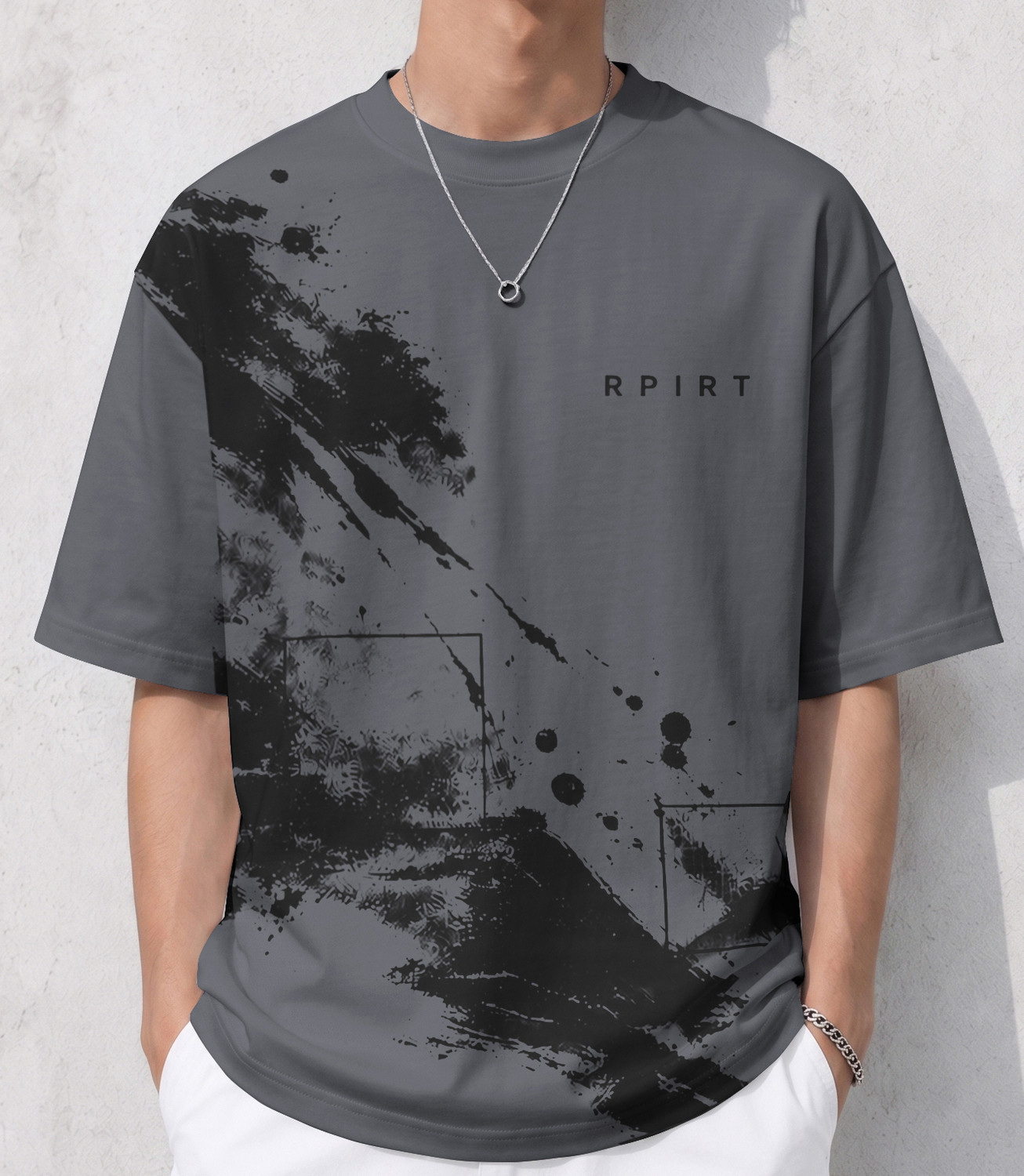 Image of RPIRT Men Printed Round Neck Cotton Blend Grey T-Shirt