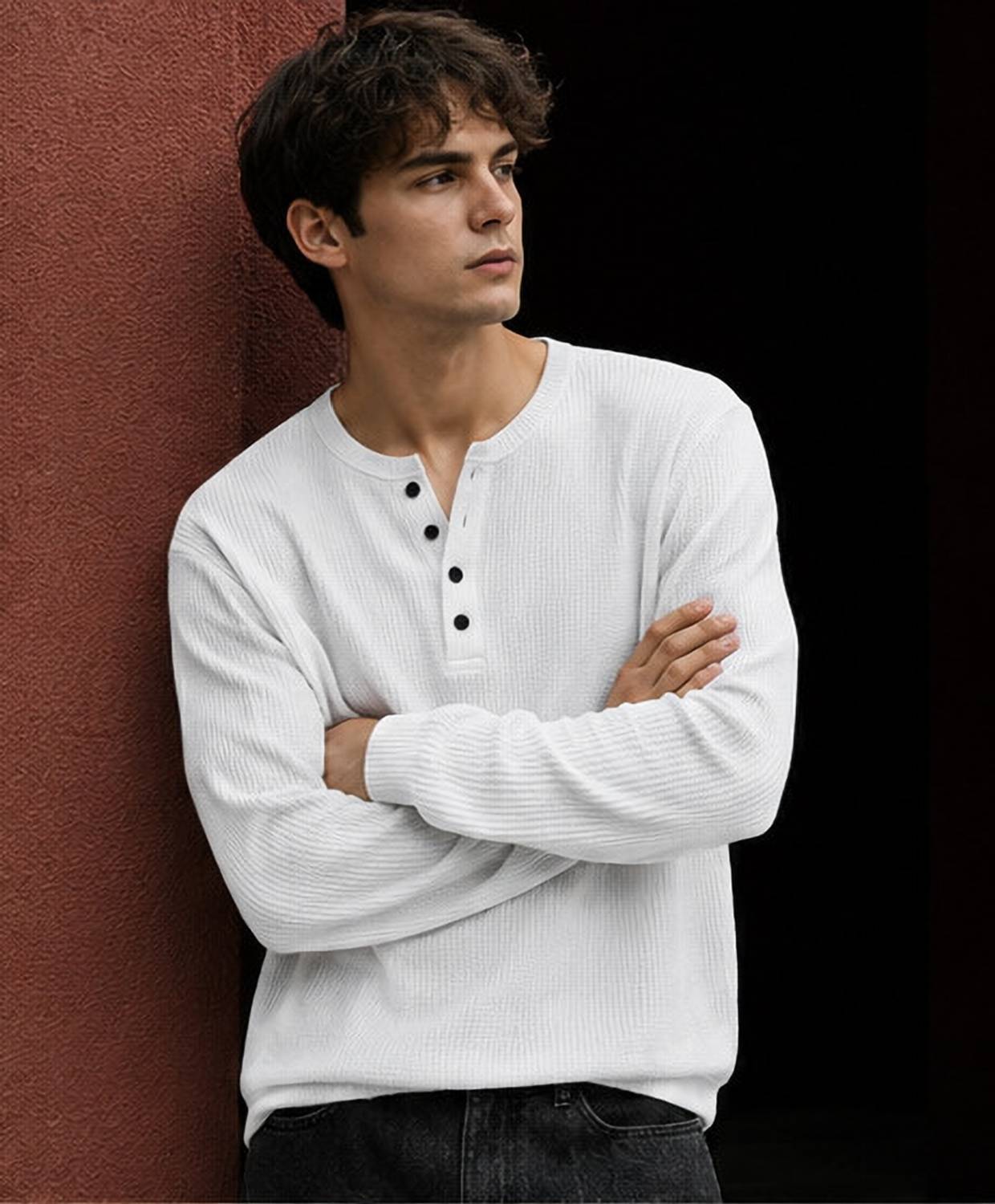 NOOK Men's White Henley Neck T-Shirt - Image 3