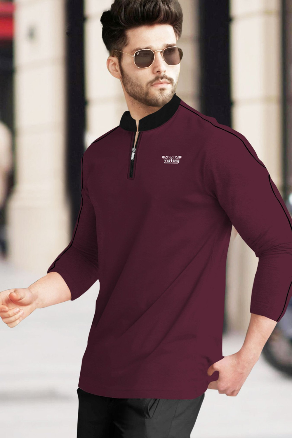 Image of TRIPR Solid Men Mandarin Collar Maroon, Black T-Shirt