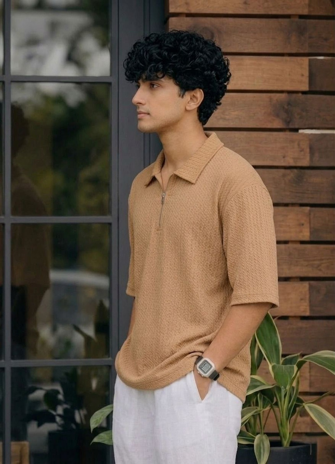 Image of ADIXUS Solid Men Zip Neck Beige T-Shirt