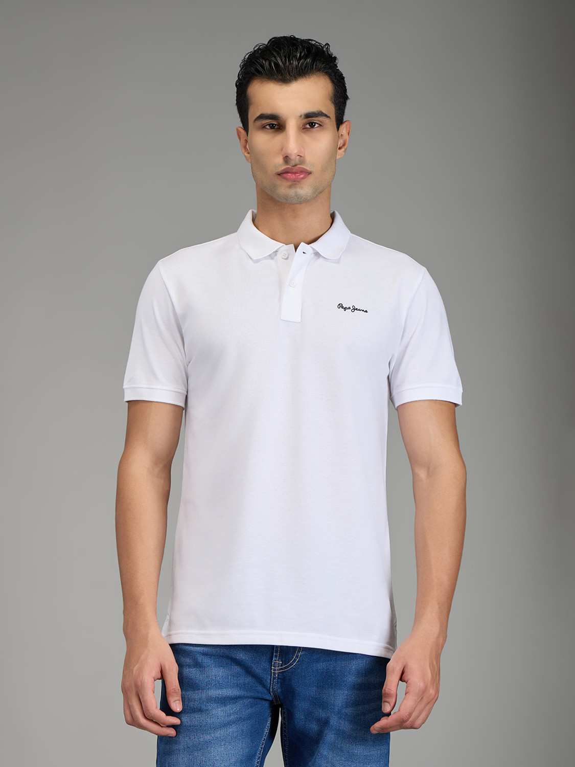 Image of Pepe Jeans Solid Men Polo Neck White T-Shirt