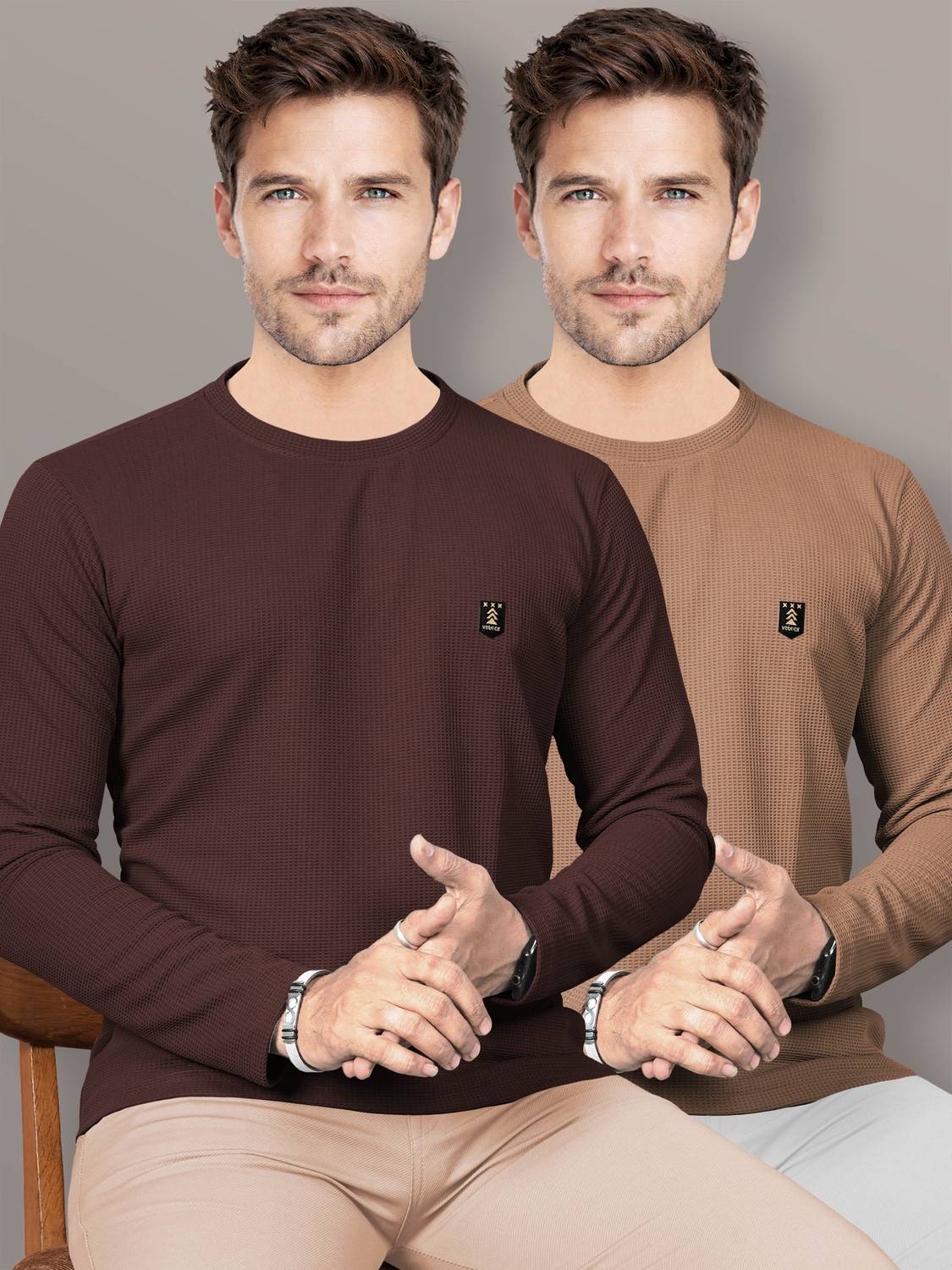 VeBNoR Pack of 2 Men Self Design Round Neck Polyester Brown T-Shi