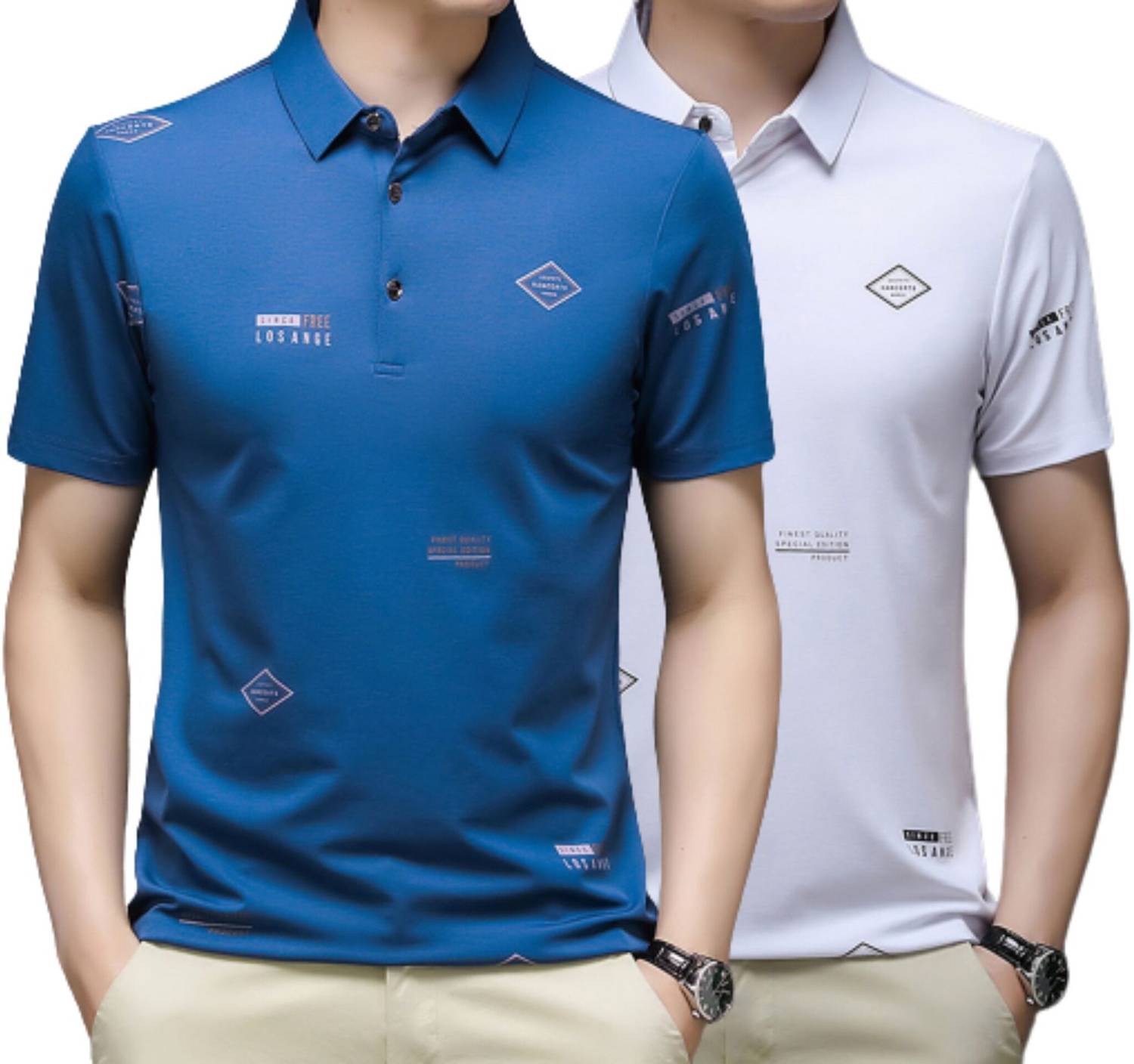 3BROS Printed Men Polo Neck Blue, White T-Shirt