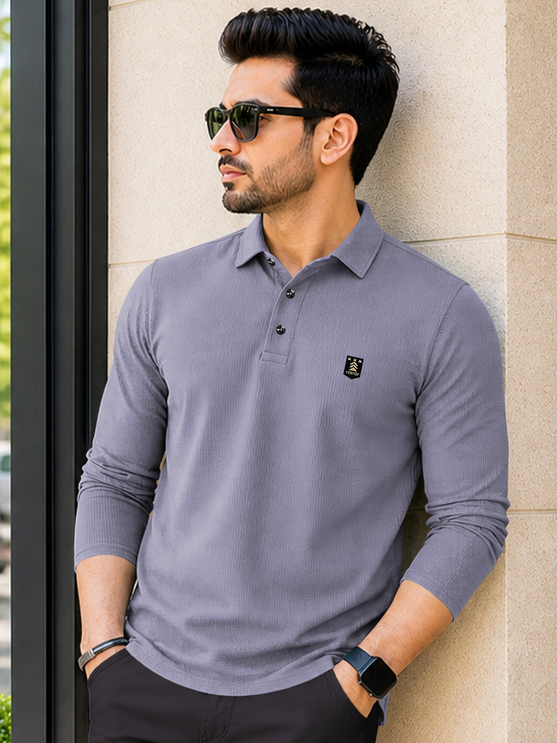Image of VeBNoR Self Design Men Polo Neck Grey T-Shirt