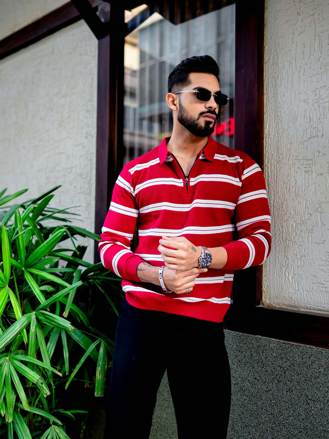 Image of Gritstones Self Design Men Zip Neck Red T-Shirt