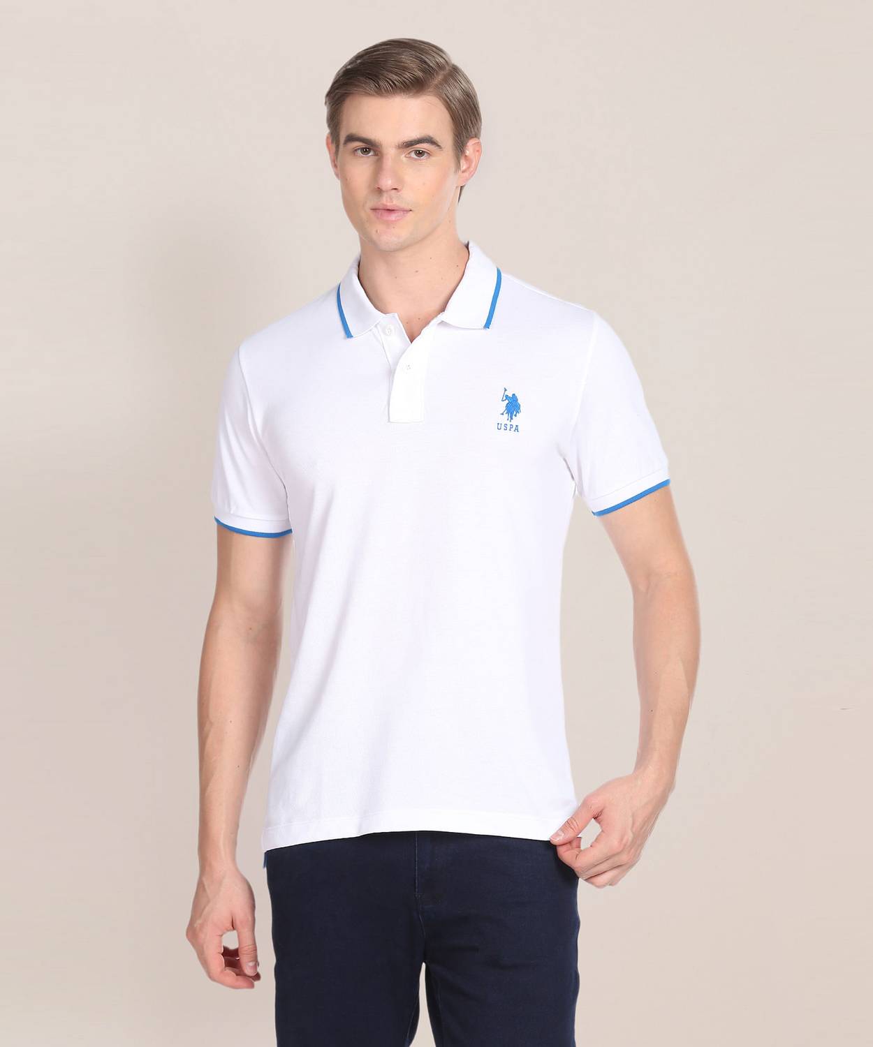 U.S. POLO ASSN. Men Solid Polo Neck Pure Cotton White T-Shirt