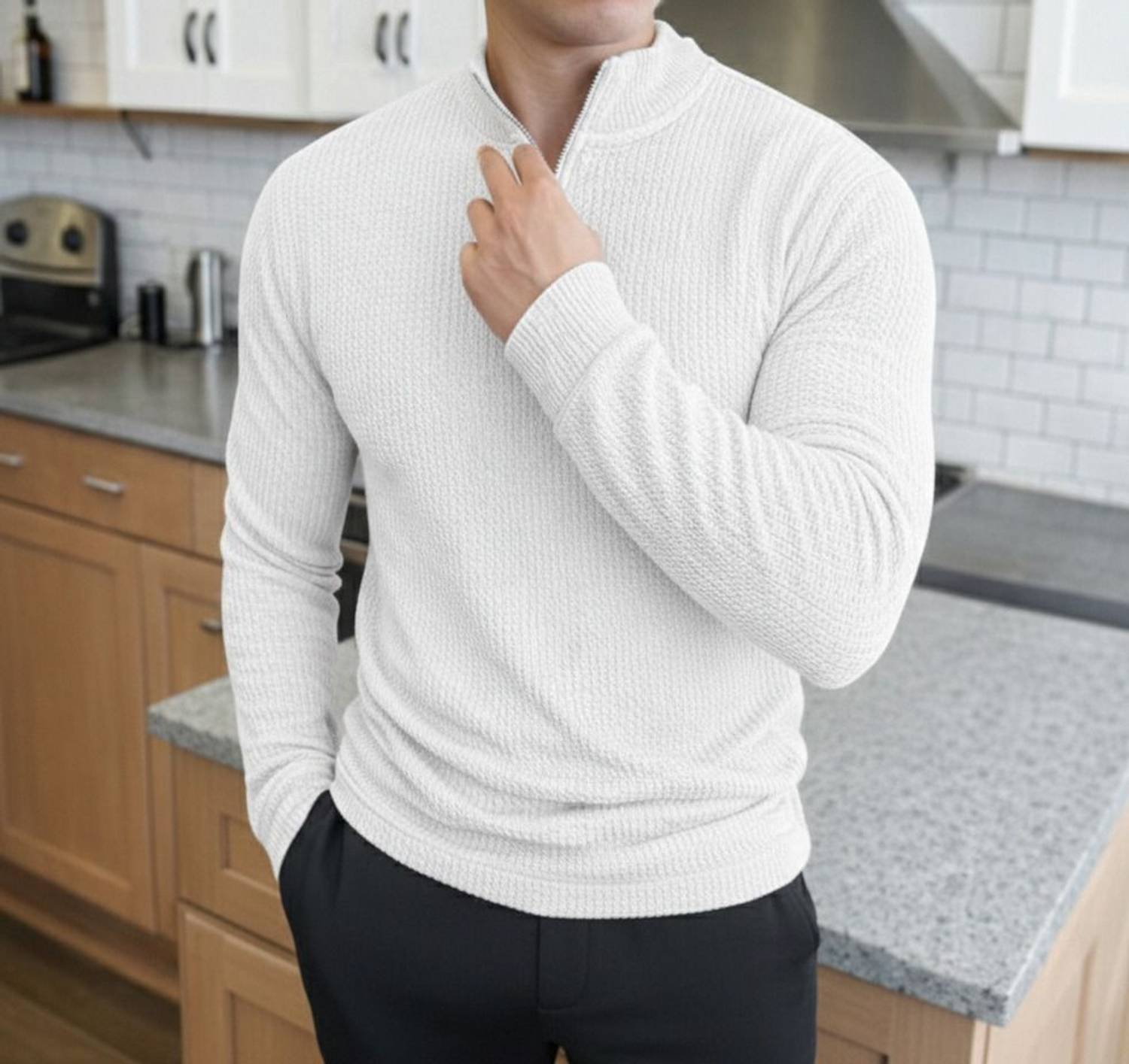 ADIXUS Self Design Men Zip Neck White T-Shirt