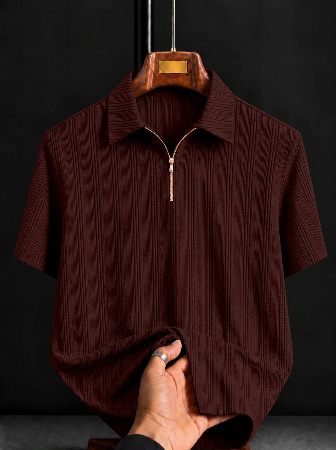KAJARU Self Design Men Zip Neck Brown T-Shirt