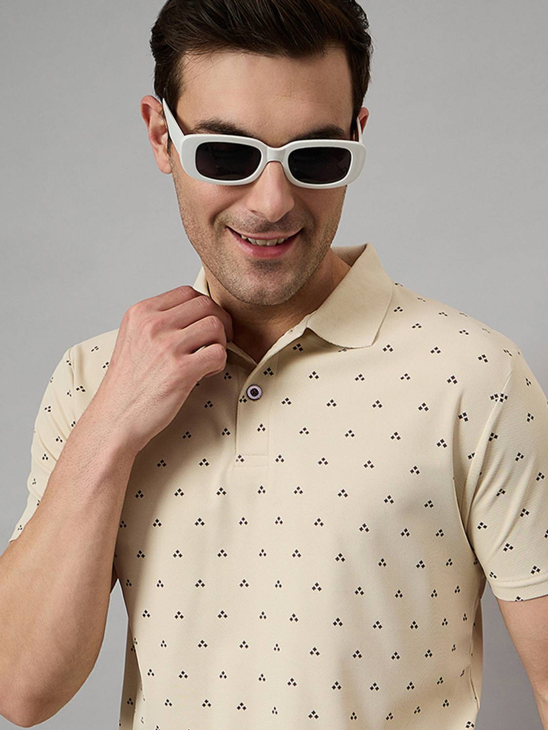 BRONATION Printed Men Polo Neck Beige T-Shirt