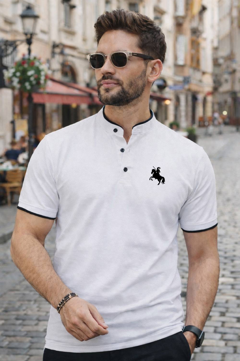 SCATCHITE Men Graphic Print Henley Neck Polyester White T-Shirt