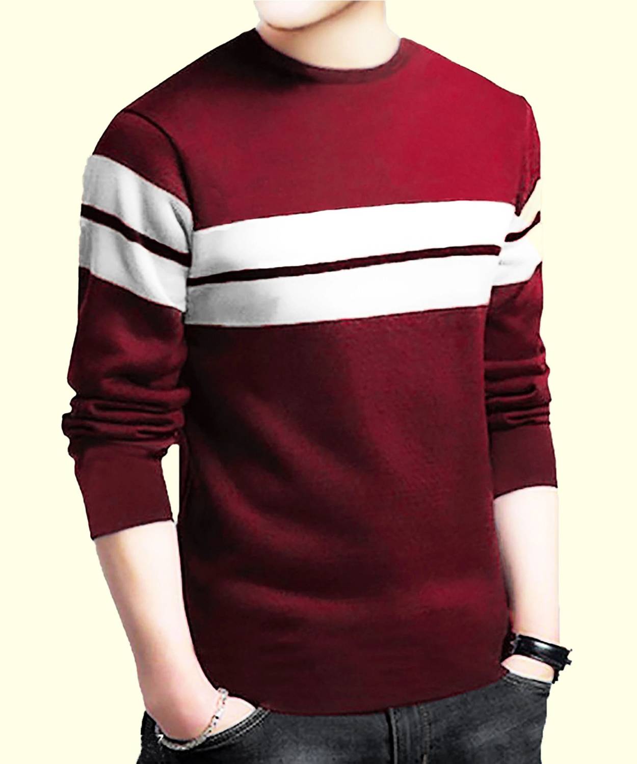 Leotude Men Striped Round Neck Cotton Blend Maroon T-Shirt