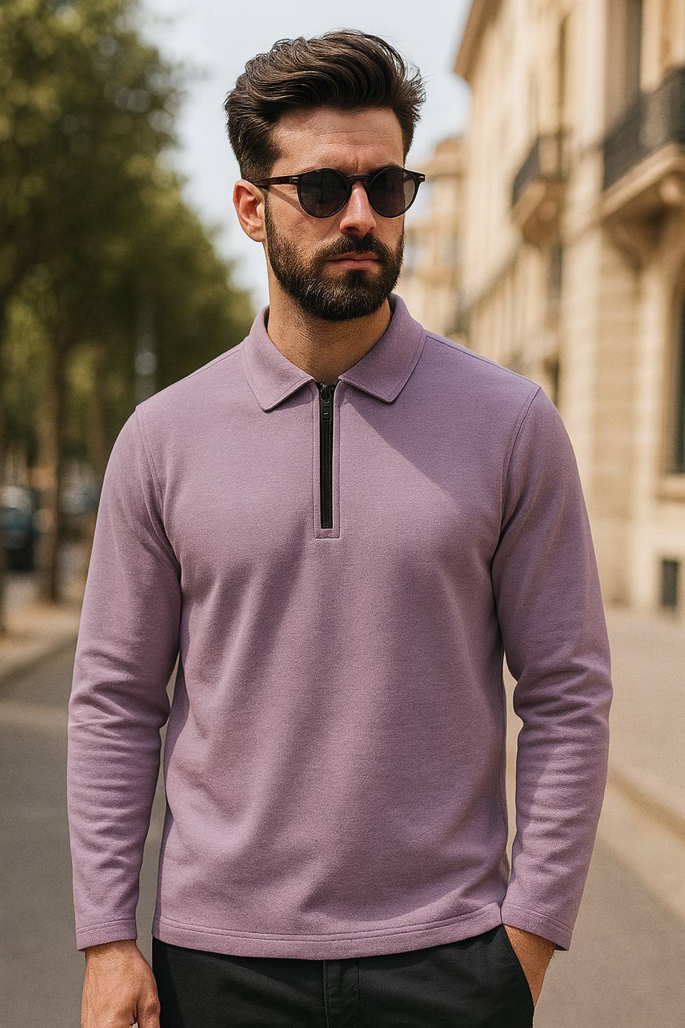 RodZen Men Solid Polo Neck Cotton Blend Purple T-Shirt