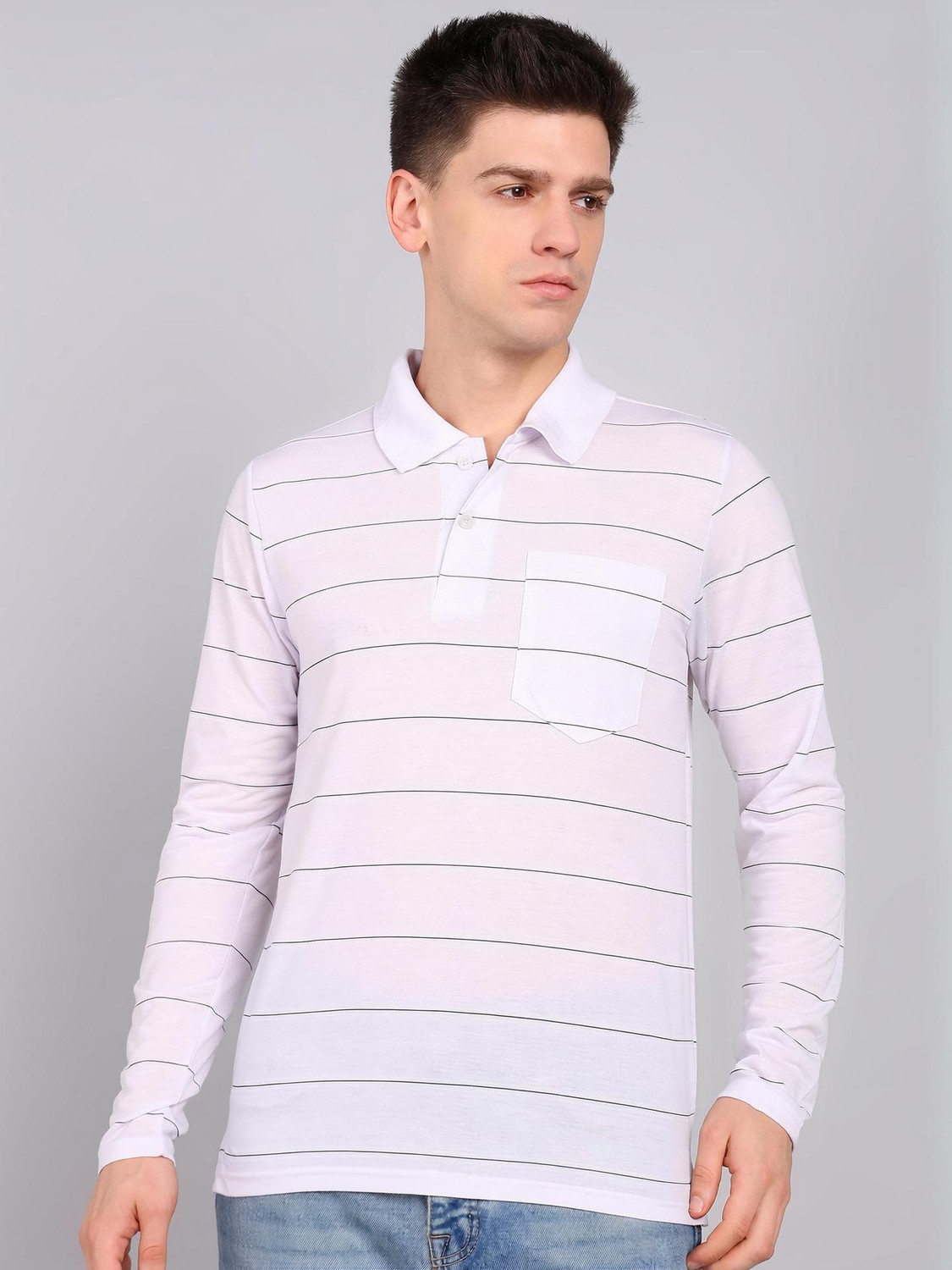 Image of INKKR Striped Men Polo Neck White T-Shirt