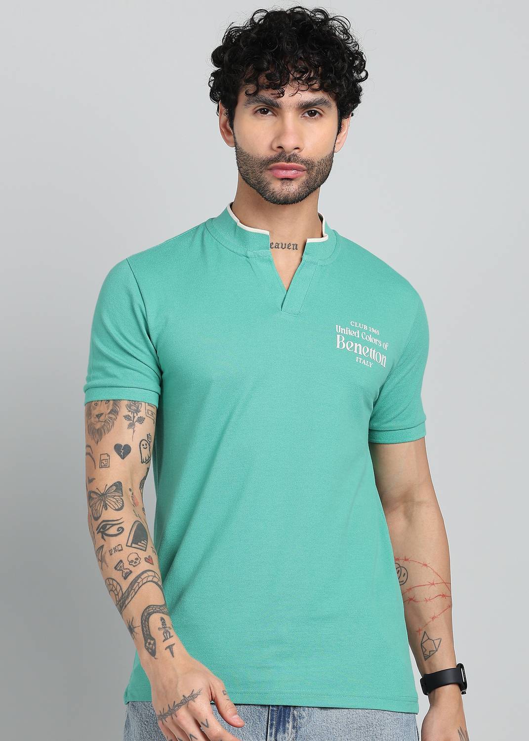 United Colors of Benetton Men Solid Mandarin Collar Polycotton Gr