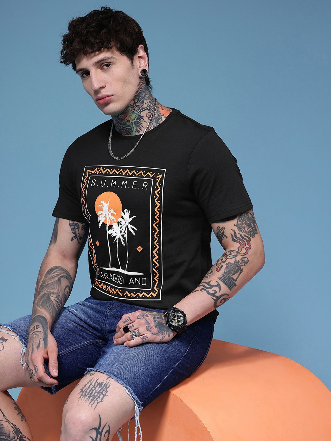 Image of HERE&NOW Printed Men Round Neck Black T-Shirt