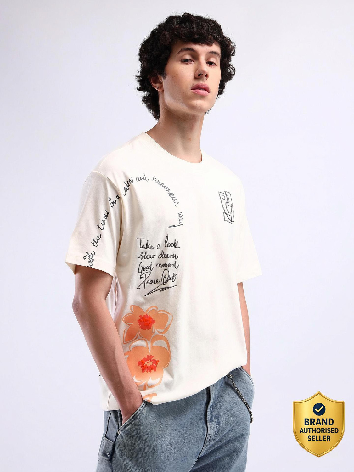 Image of FLYING MACHINE Self Design Men Crew Neck White T-Shirt