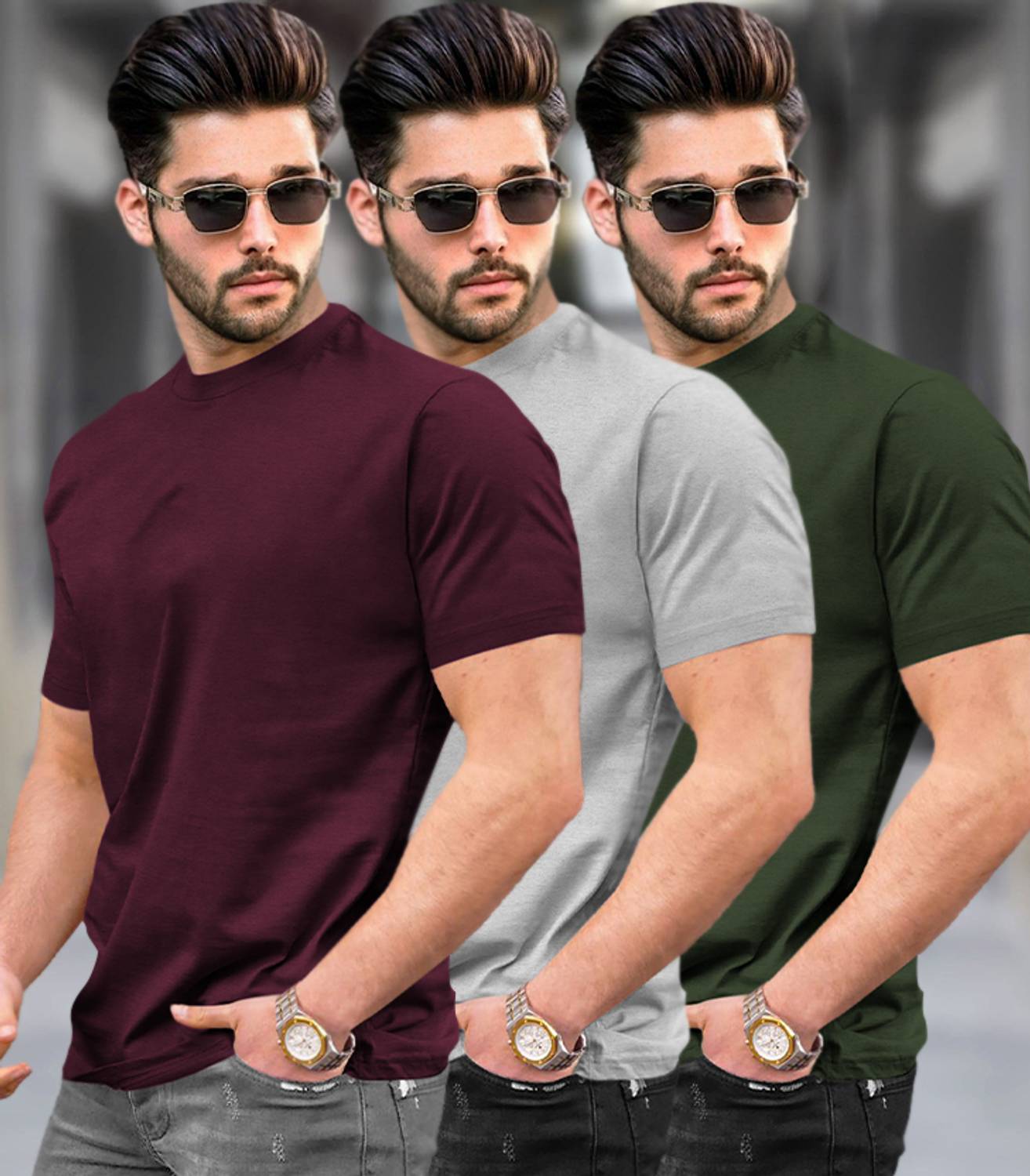 TRIPR Pack of 3 Men Solid Round Neck Cotton Blend Multicolor T-Sh